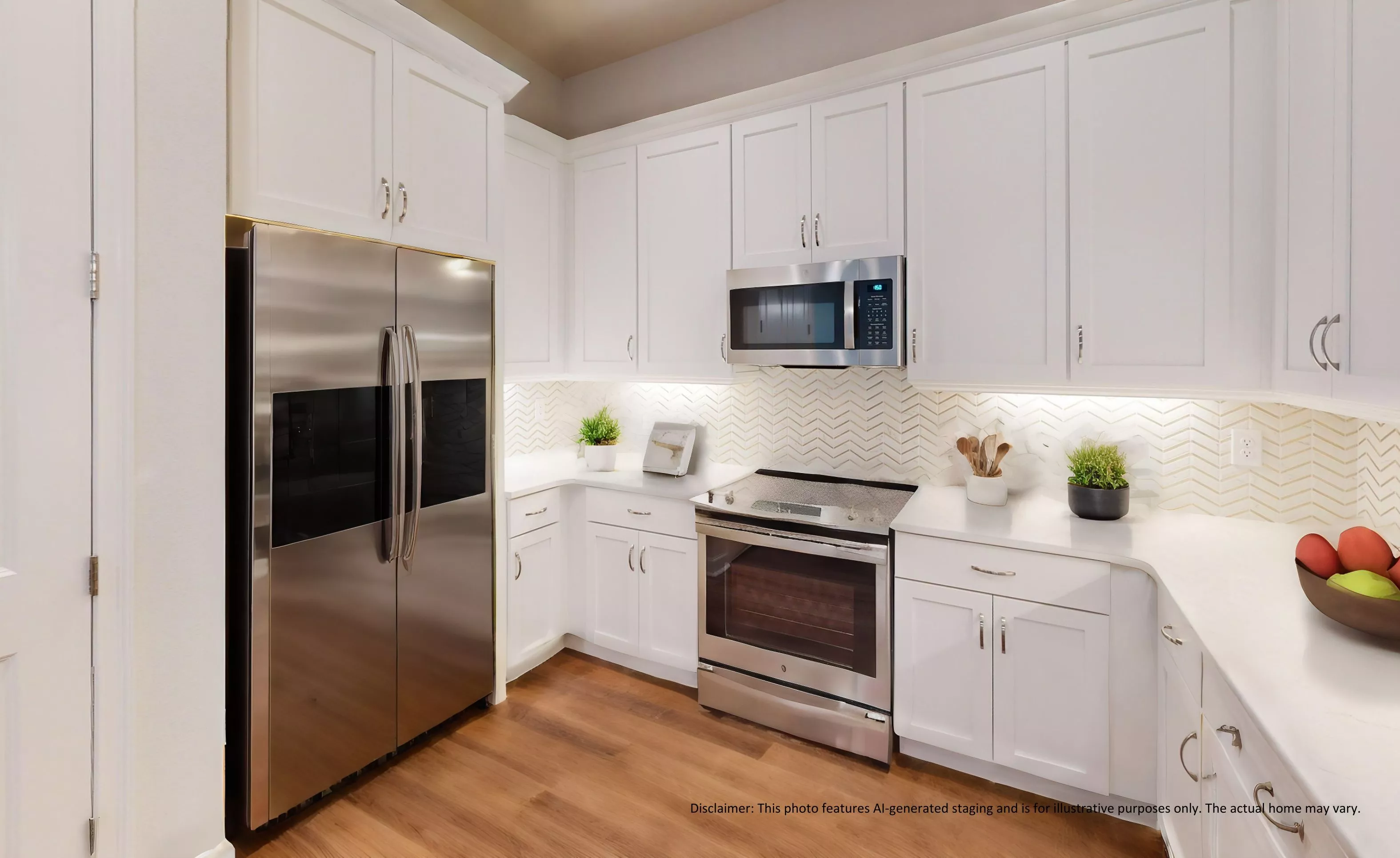 Blossom II kitchen with white cabinets, stainless steel appliances, herringbone backsplash, and wood-look flooring.