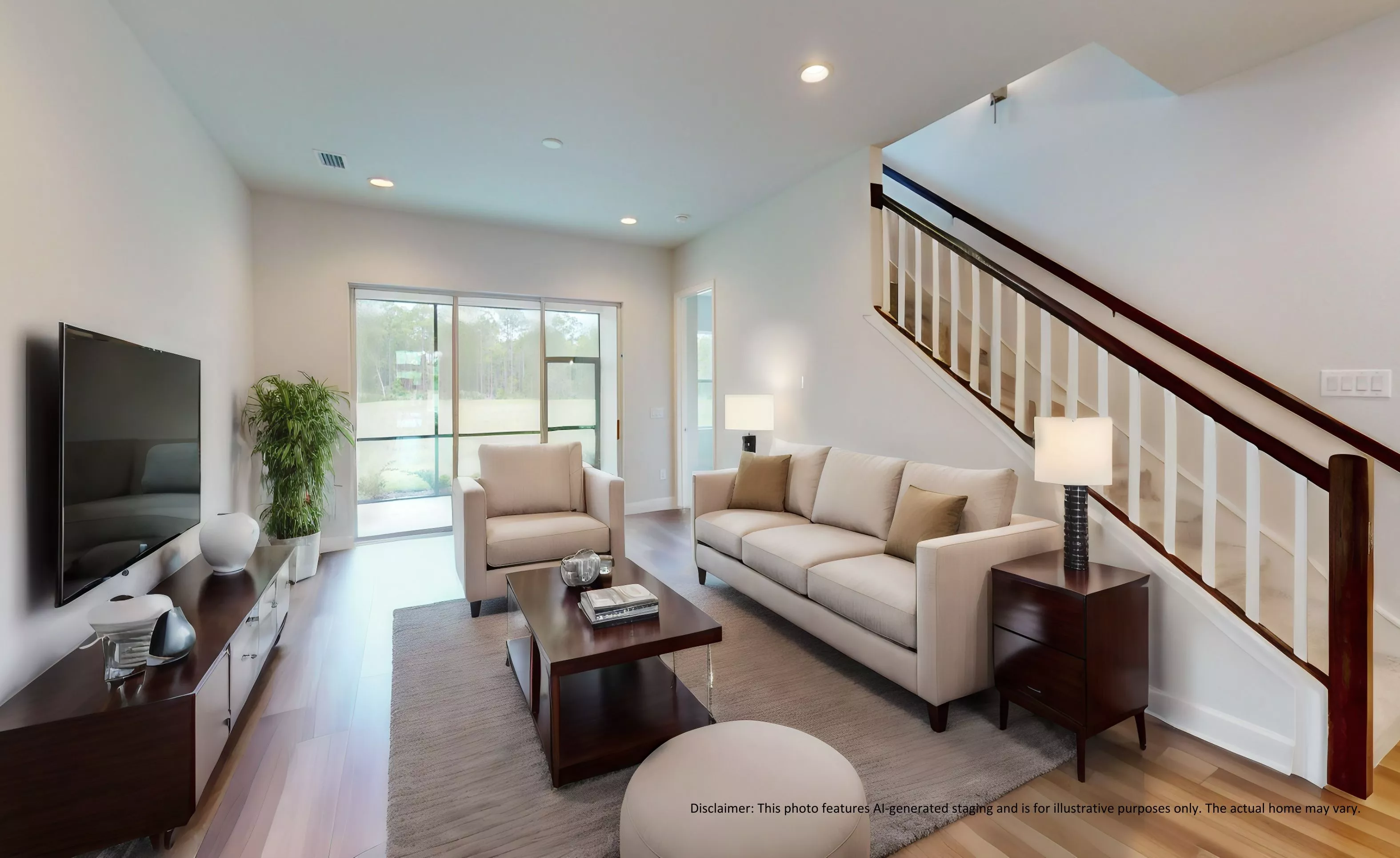 Living room of the Blossom II floor plan with a sofa, armchair, coffee table, and staircase with white railings.
