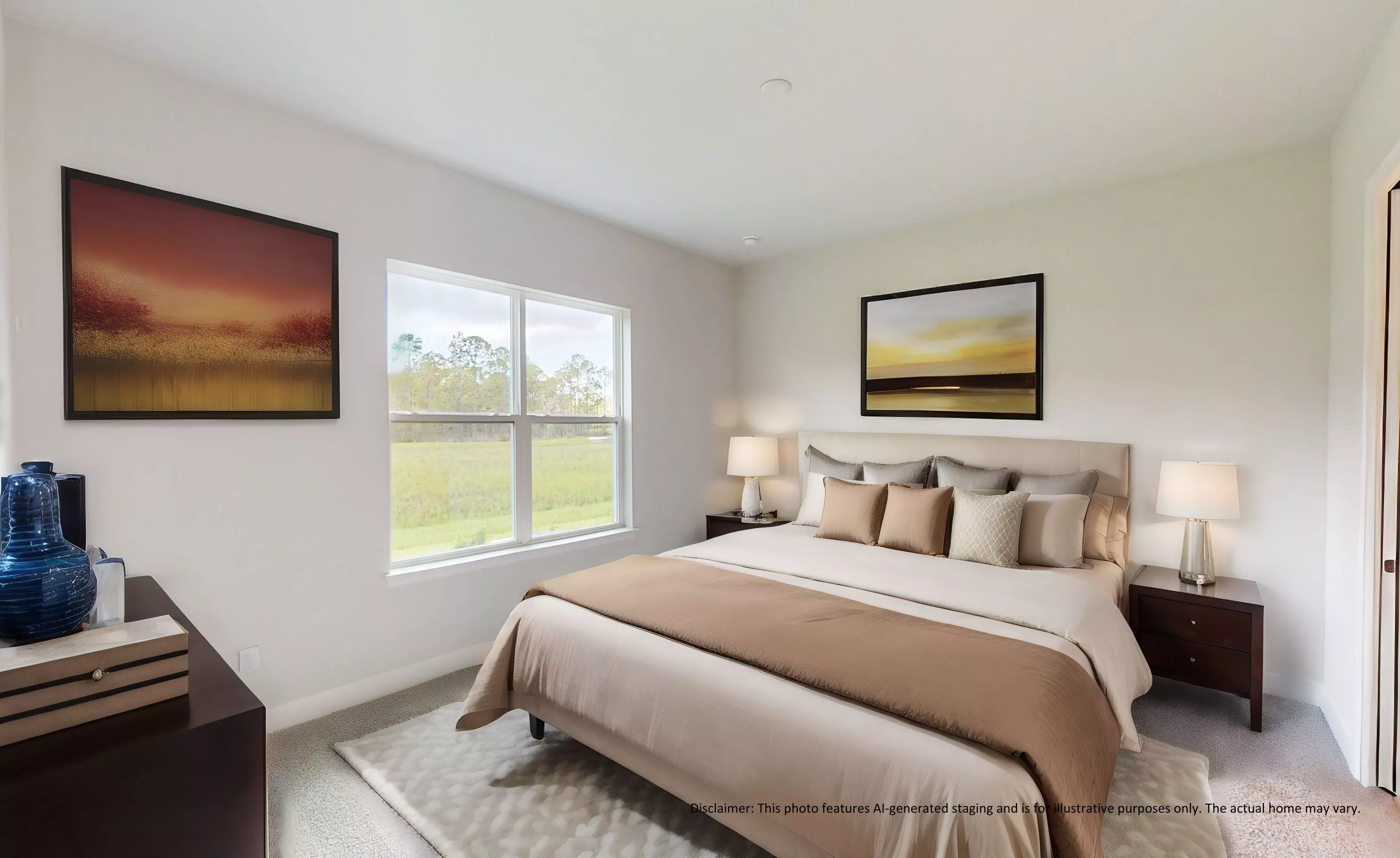 Secondary bedroom in the Blossom II plan with neutral carpet, a window overlooking a field, and two framed wall artworks.