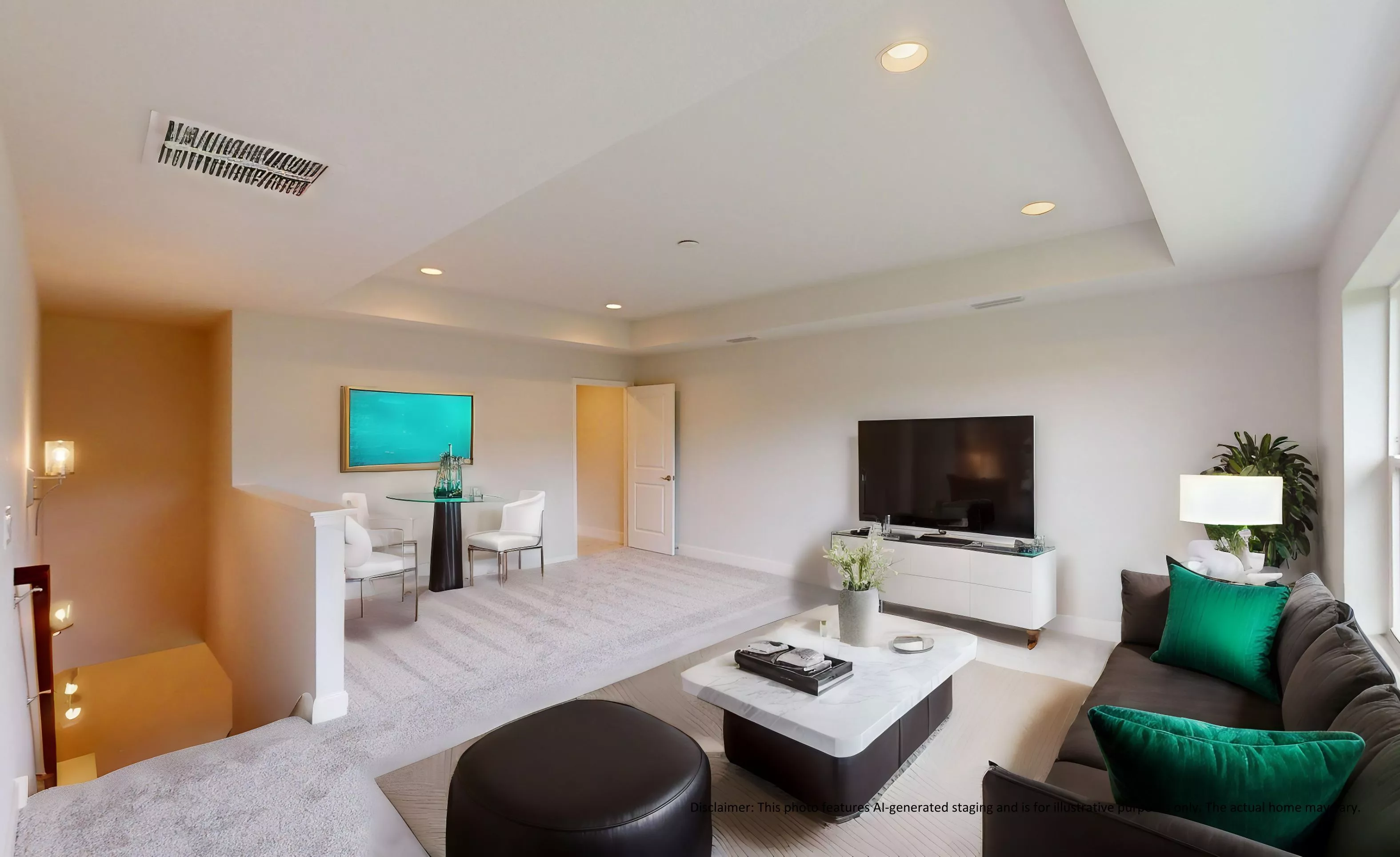 Spacious carpeted bonus room with a tray ceiling, a tiered floor level, a television, and a seating area.