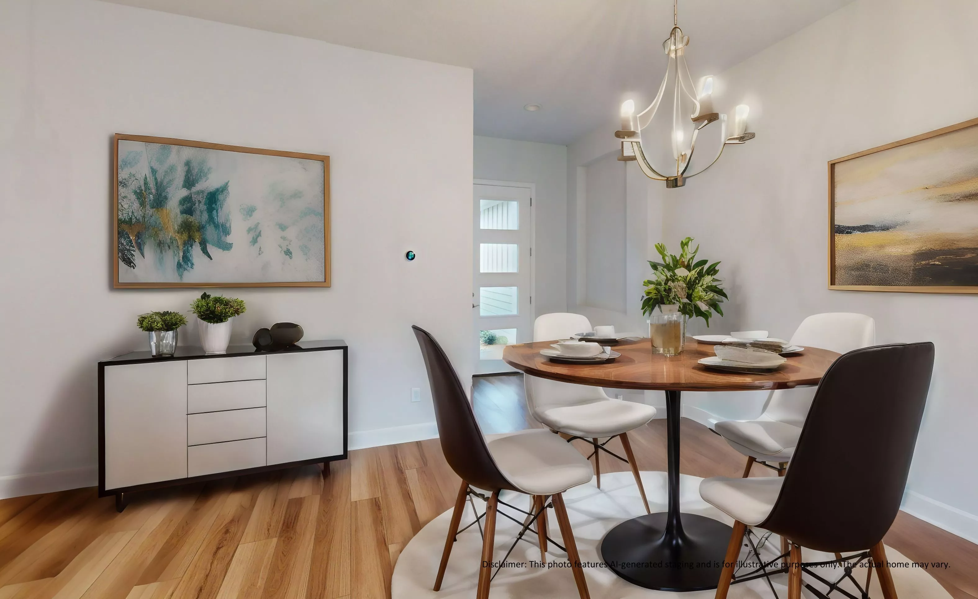 Dining room in the Blossom II plan with wood floors, a round table, mid-century modern chairs, and a chandelier.