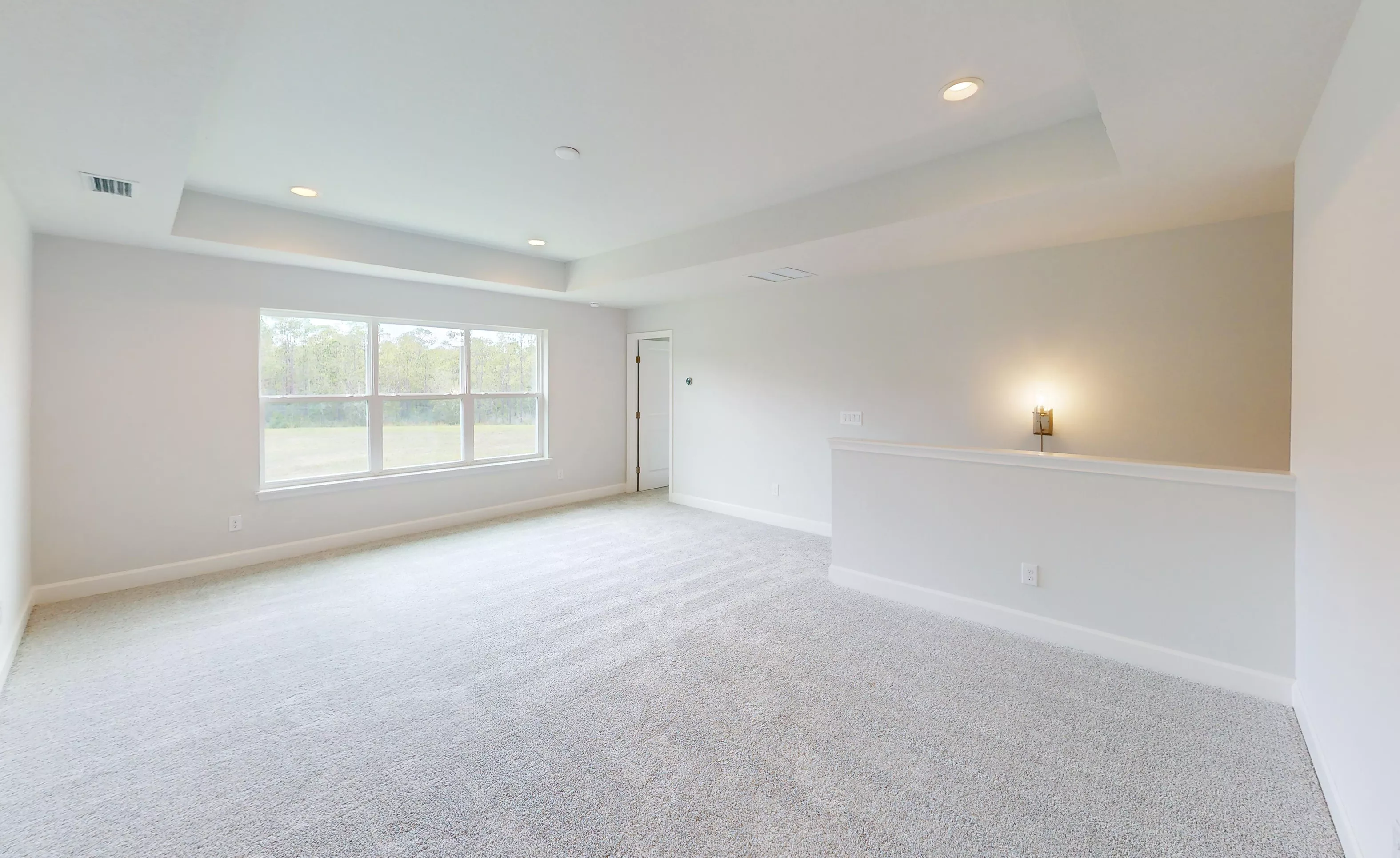 Spacious carpeted bonus room with a tray ceiling, recessed lighting, and a view of trees through a large window.