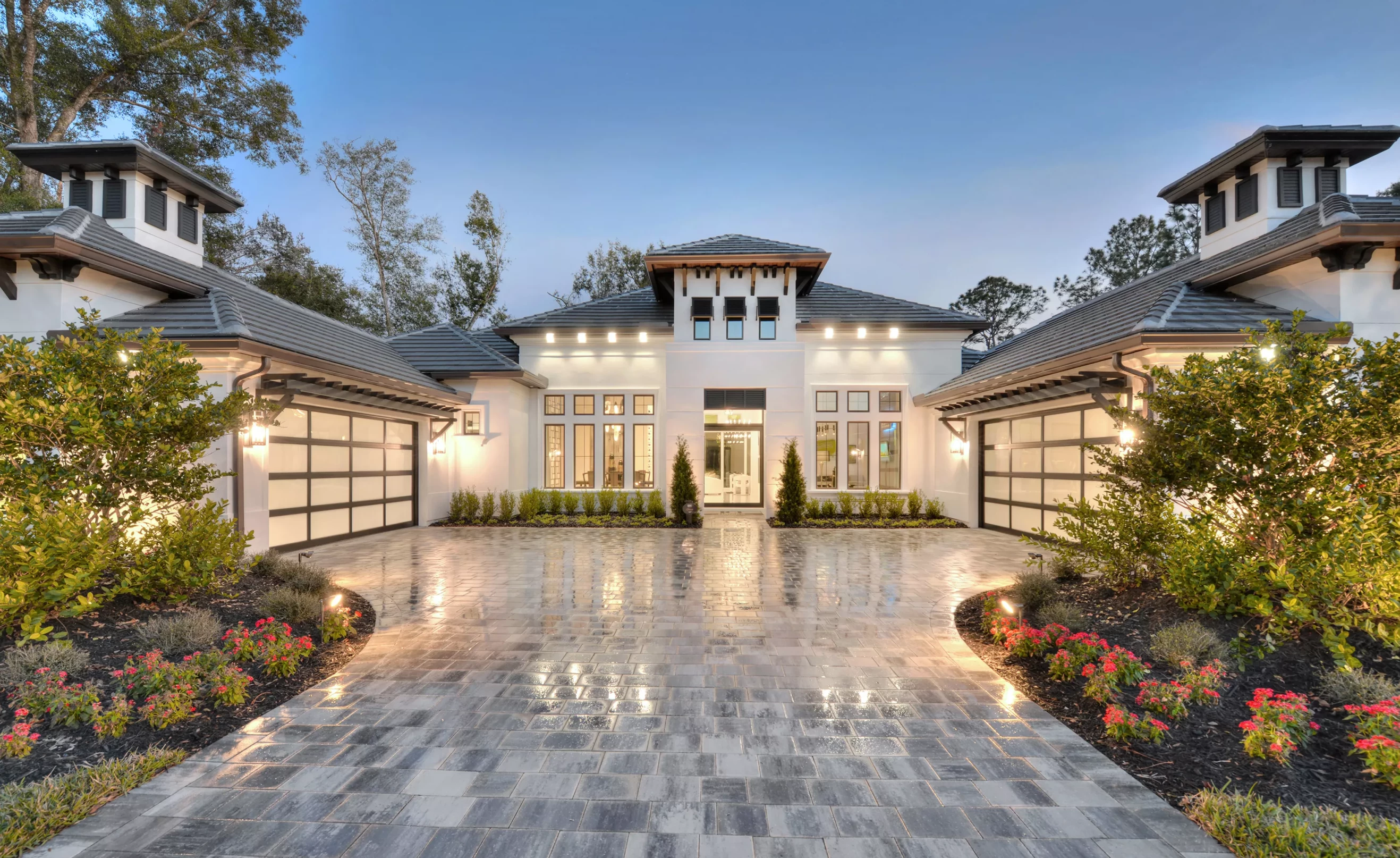 Walnut desk organizer set with white modular trays, next to porcelain mug on wooden desk.