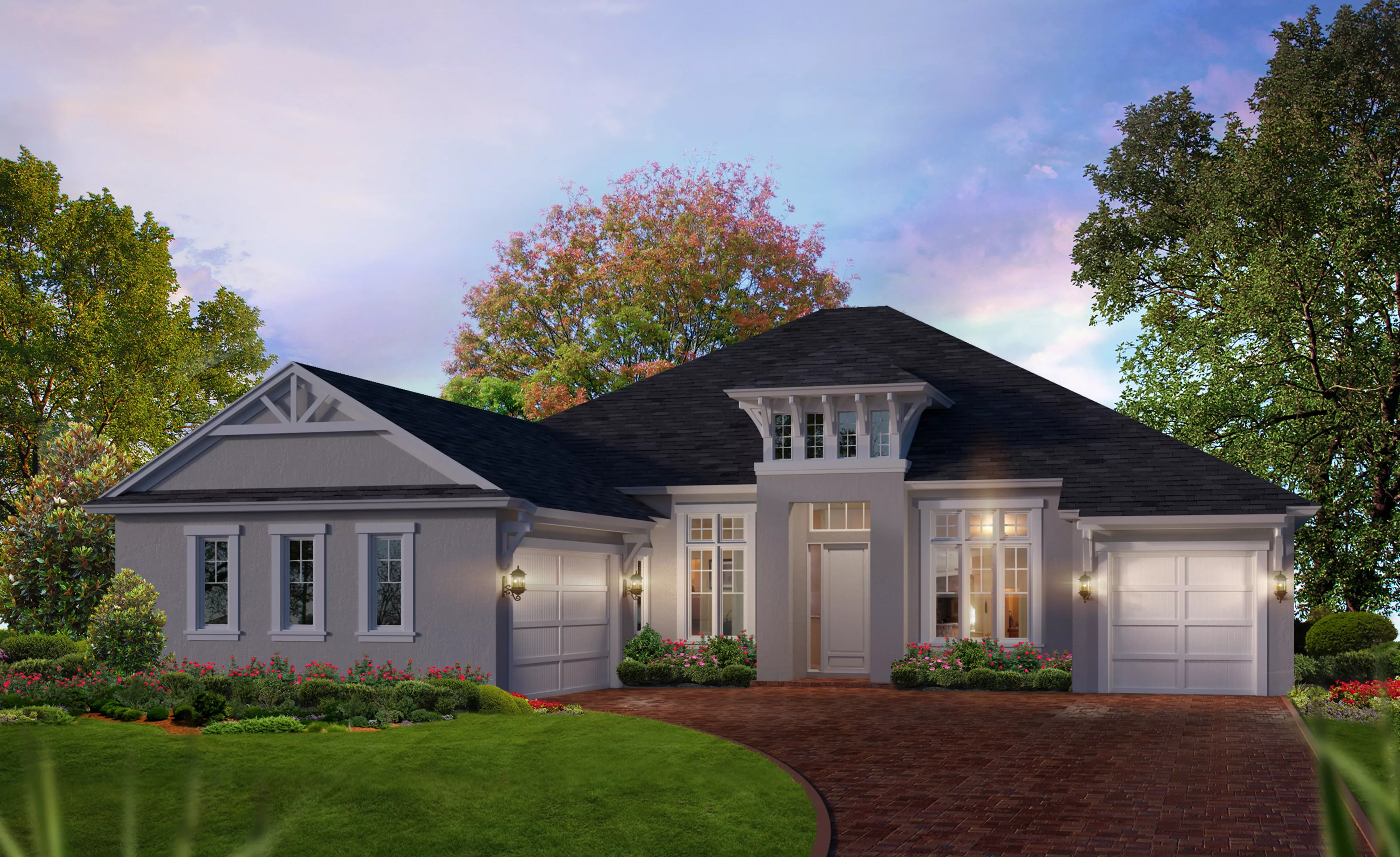 Florida Traditional exterior of the Egret VII home with gray stucco, a dark shingled roof, and a brick driveway.