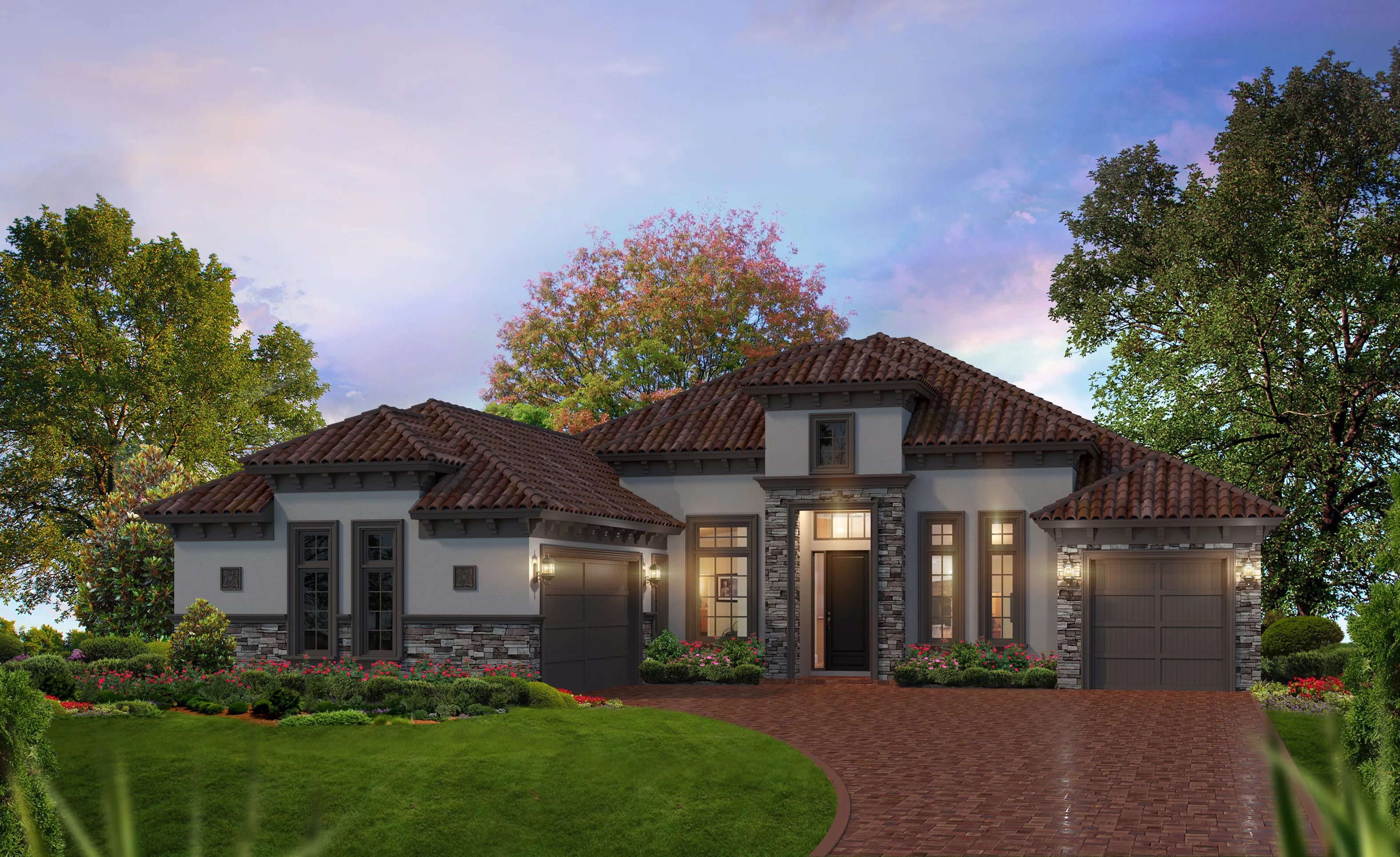 Tuscan exterior elevation of an Egret VII home featuring stucco walls, stone accents, a tile roof, and a brick driveway.
