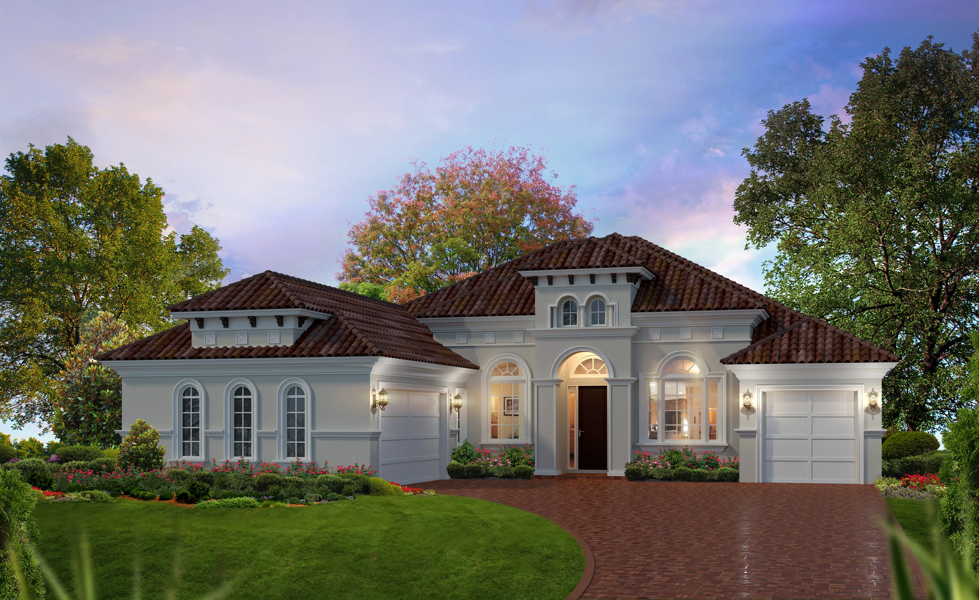 Mediterranean-style Egret VII home exterior with a brown tile roof, light stucco walls, and a brick paver driveway.