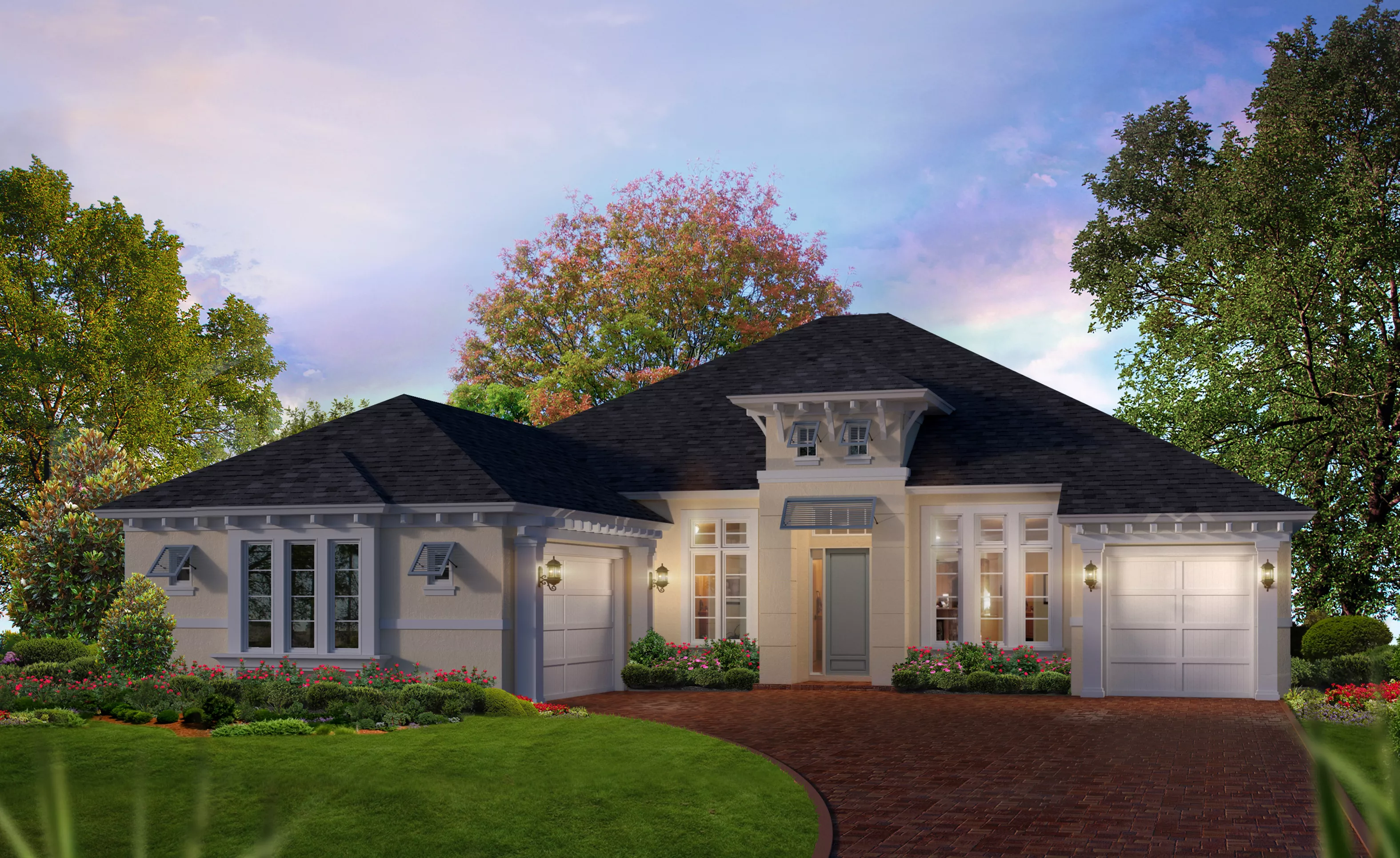 Exterior of Egret VII West Indies home featuring a beige stucco facade, dark shingled roof, and a brick paver driveway.