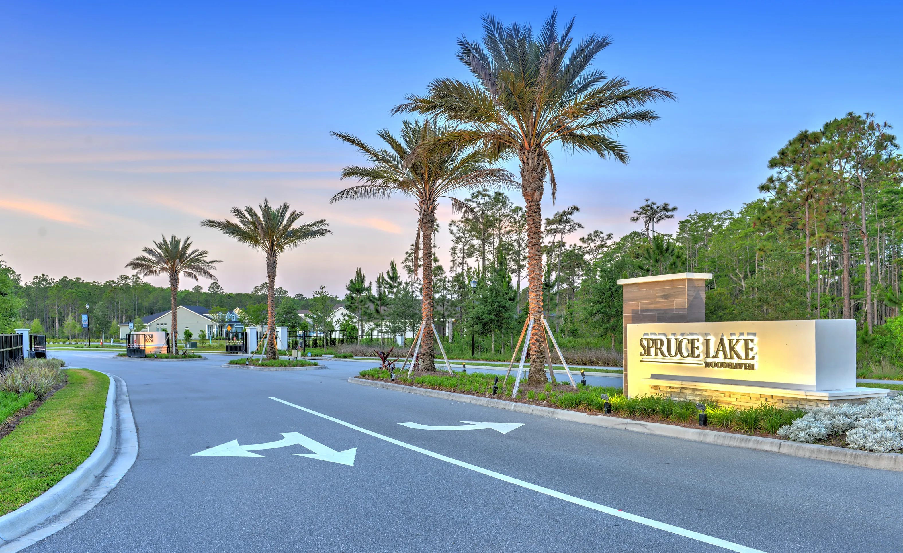 Entrance to Spruce Lake at Woodhaven featuring a backlit monument sign, palm trees, and an asphalt road at sunset.