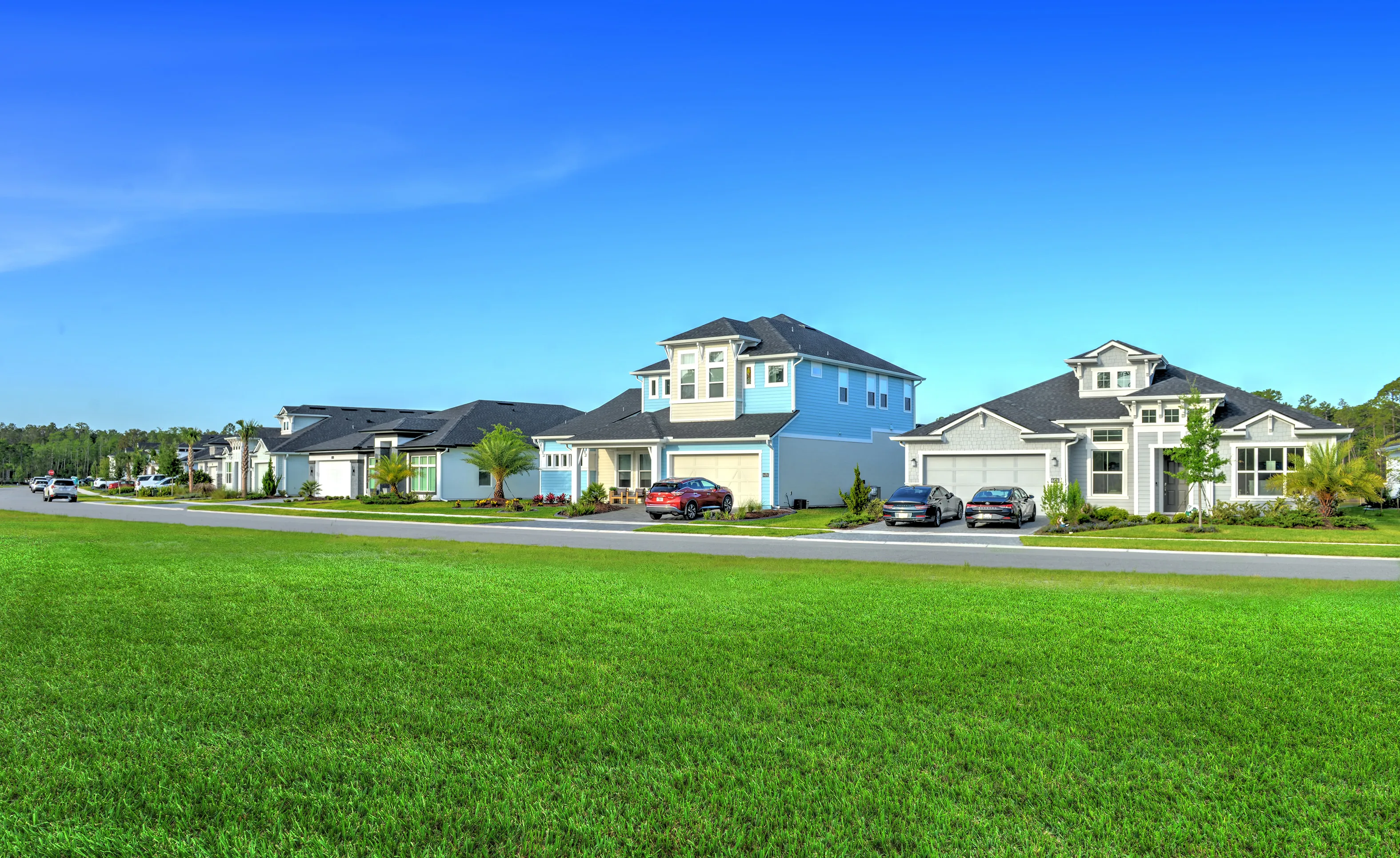 Residential street view in Woodhaven with single-family homes, manicured lawns, and cars parked in driveways.