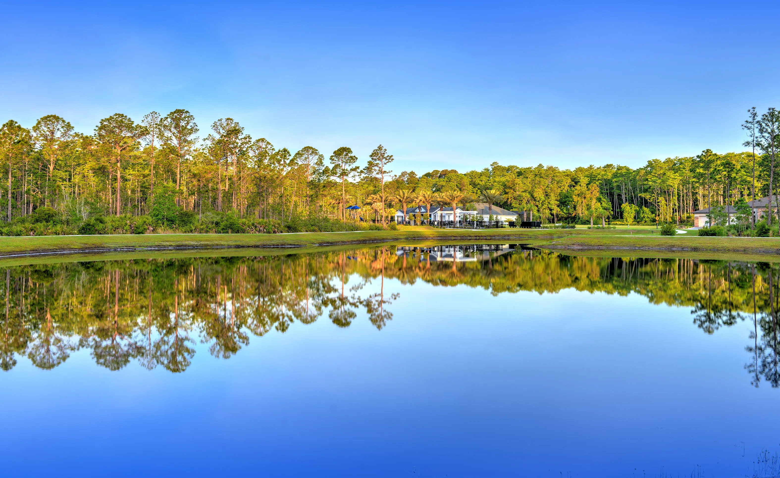 Woodhaven community lake reflecting trees and clubhouse under a clear blue sky.