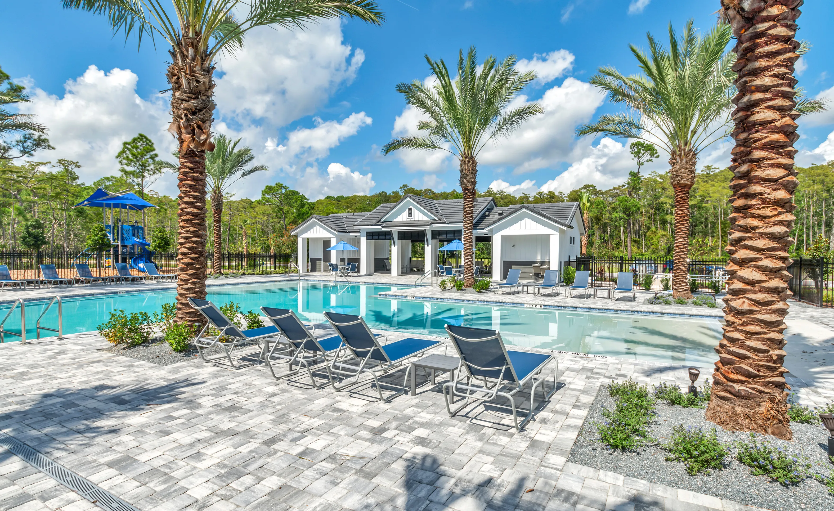 Woodhaven community pool area featuring lounge chairs, palm trees, a pavilion, and a playground under a blue sky.
