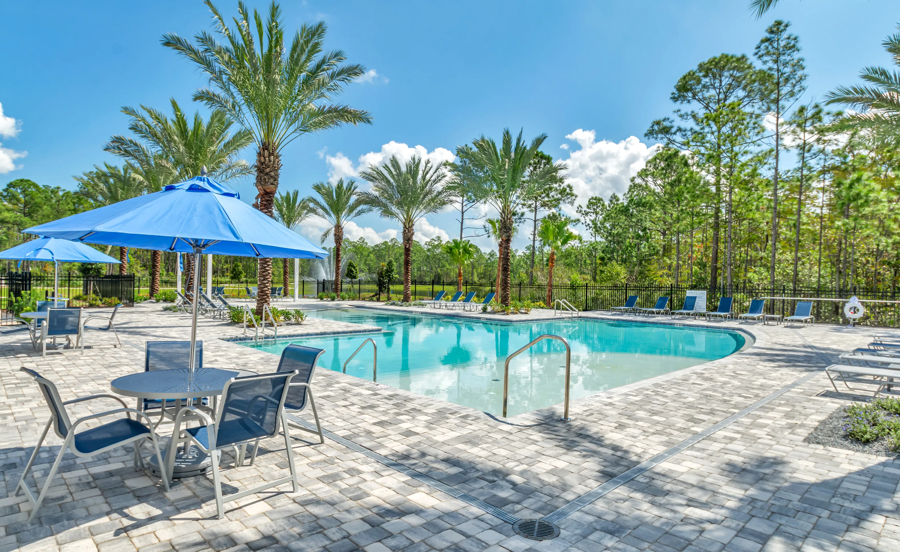 Swimming pool at Woodhaven with blue patio umbrellas, dining chairs, lounge chairs, and palm trees on a paved deck.