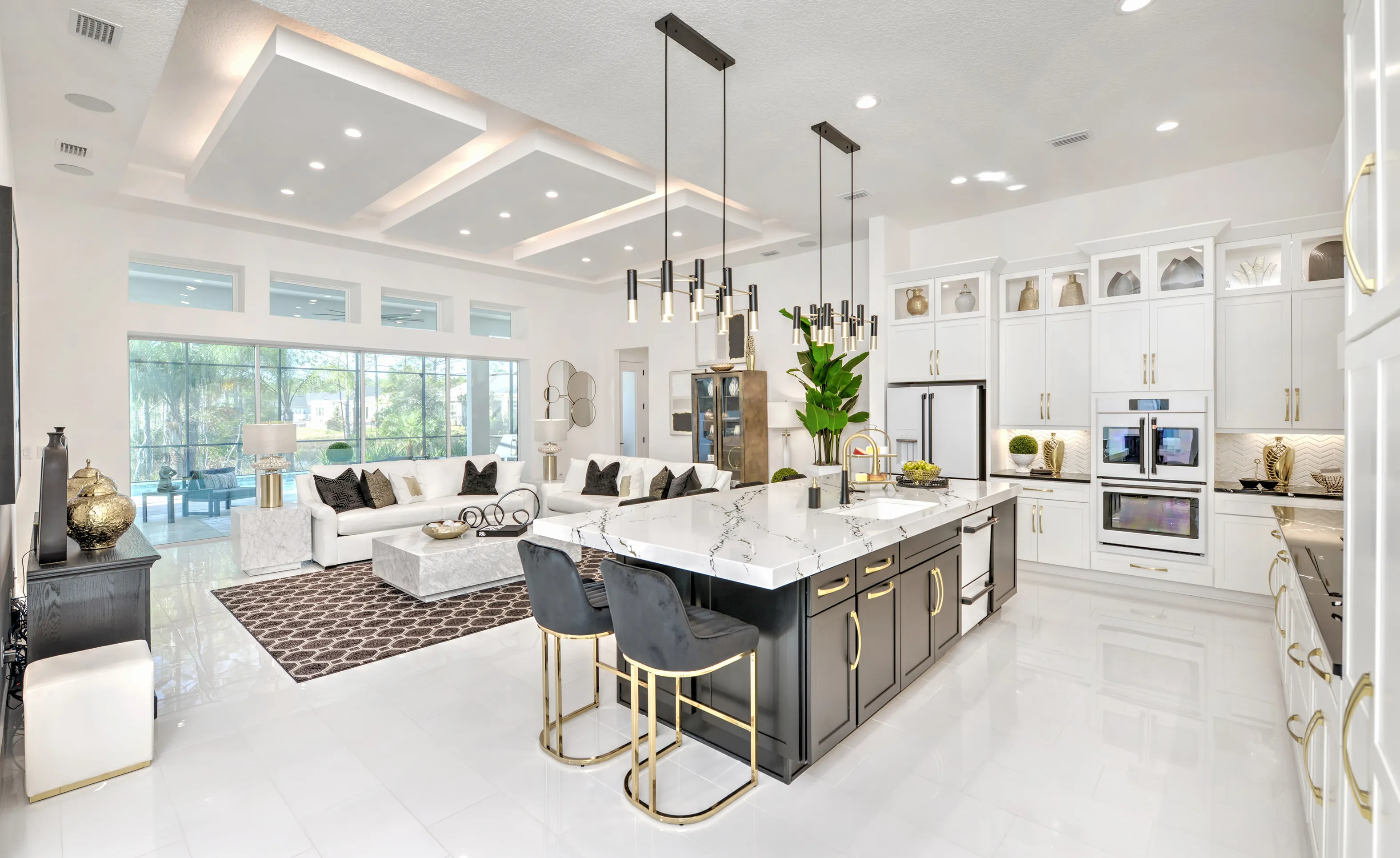Open concept kitchen and living area at Woodhaven Single Family with black kitchen island, marble countertops, and tray ceiling.