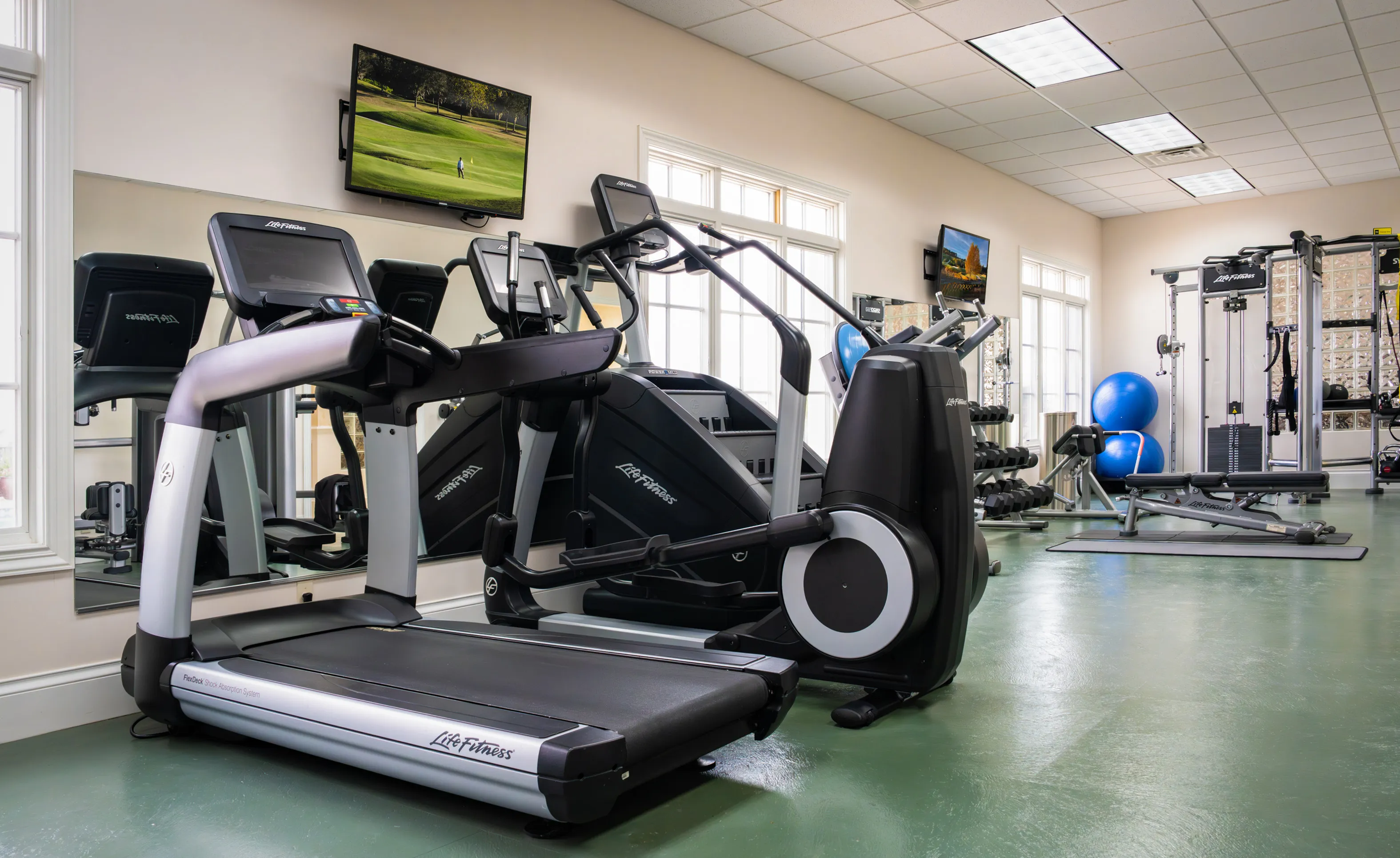 IronCrest community fitness center with treadmills, elliptical machines, a cable weight station, and blue yoga balls.