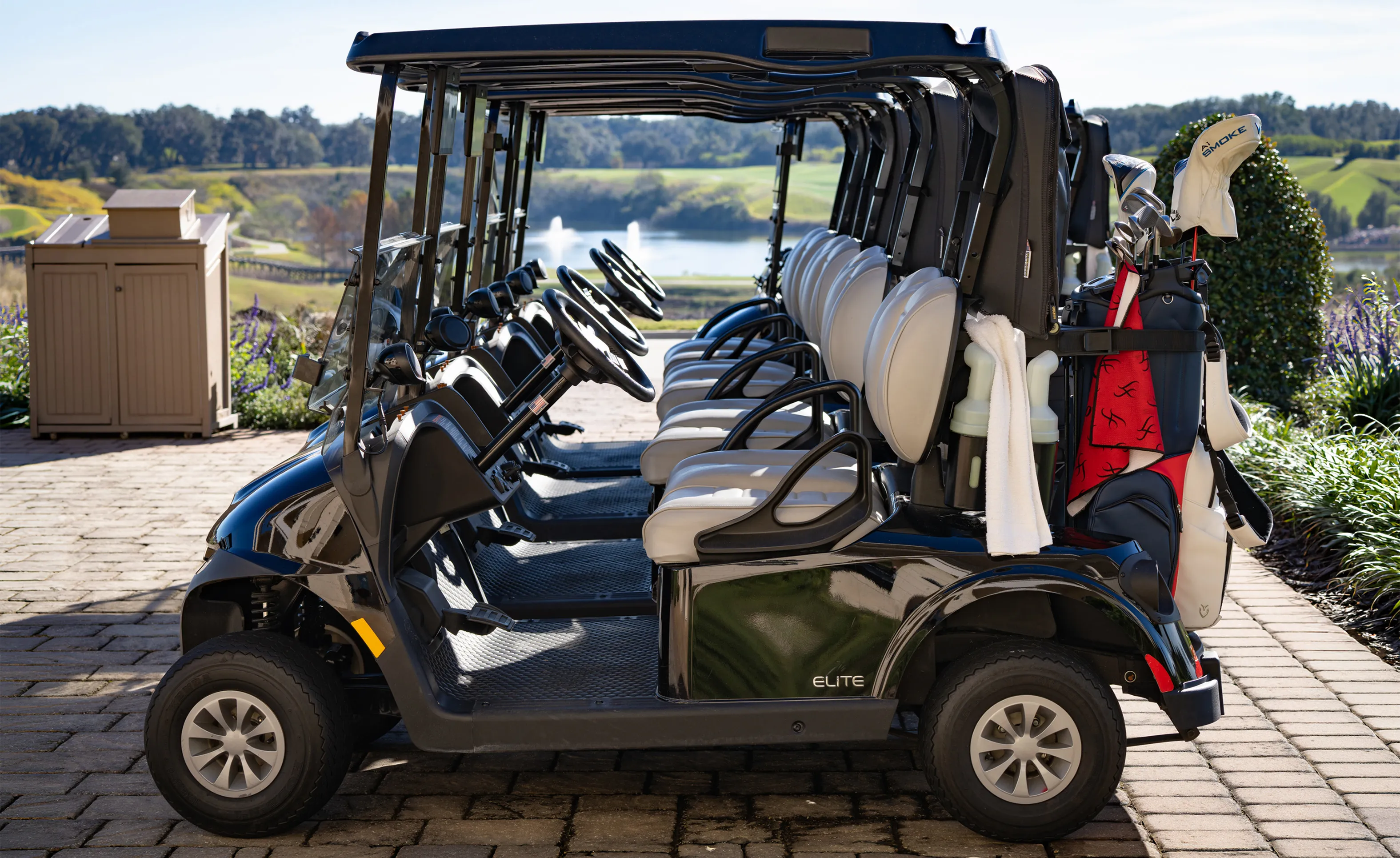 Black golf carts parked on a stone path at IronCrest, overlooking a pond with fountains.