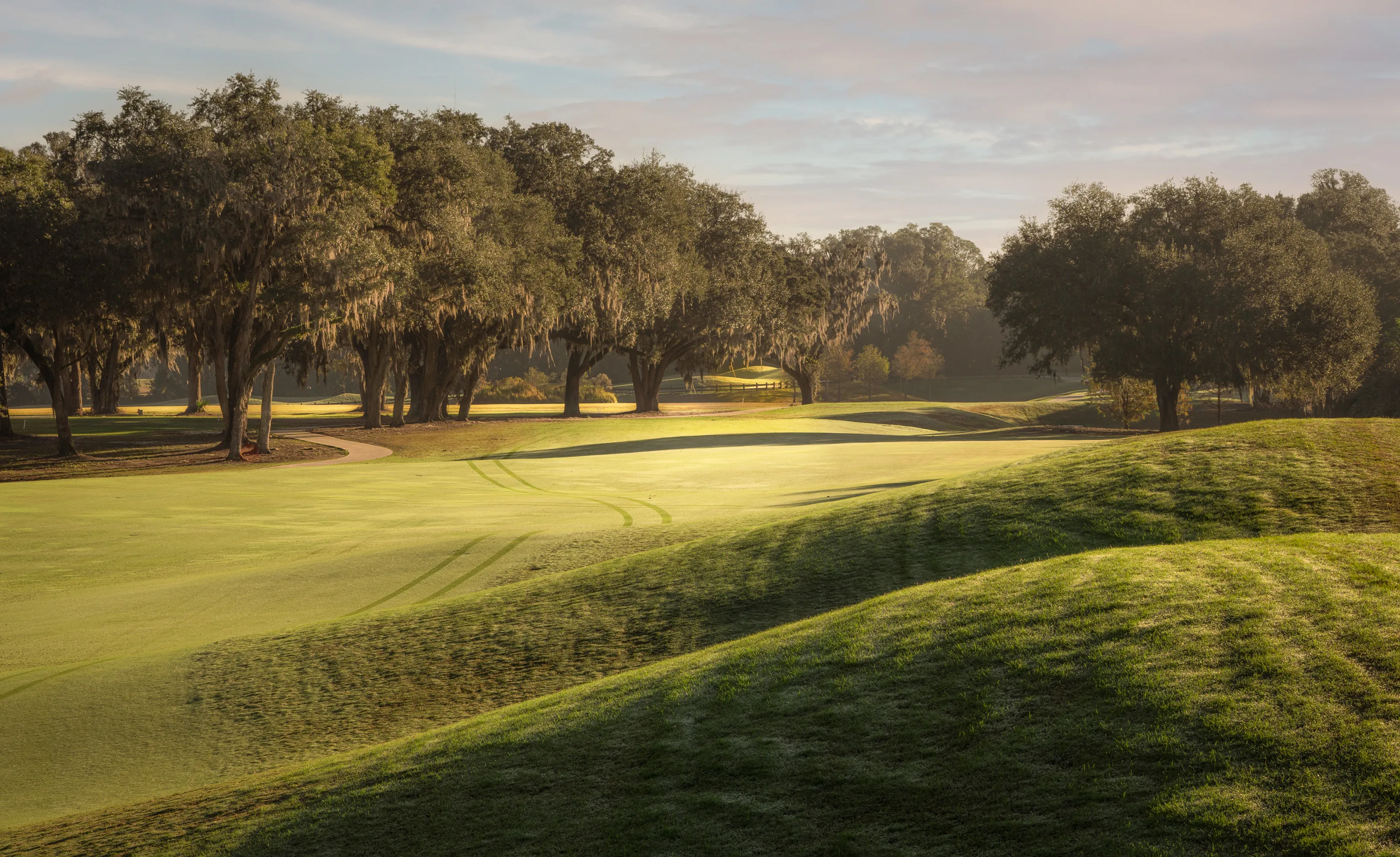 Rolling green hills and oak trees at dawn on the golf course at IronCrest community.