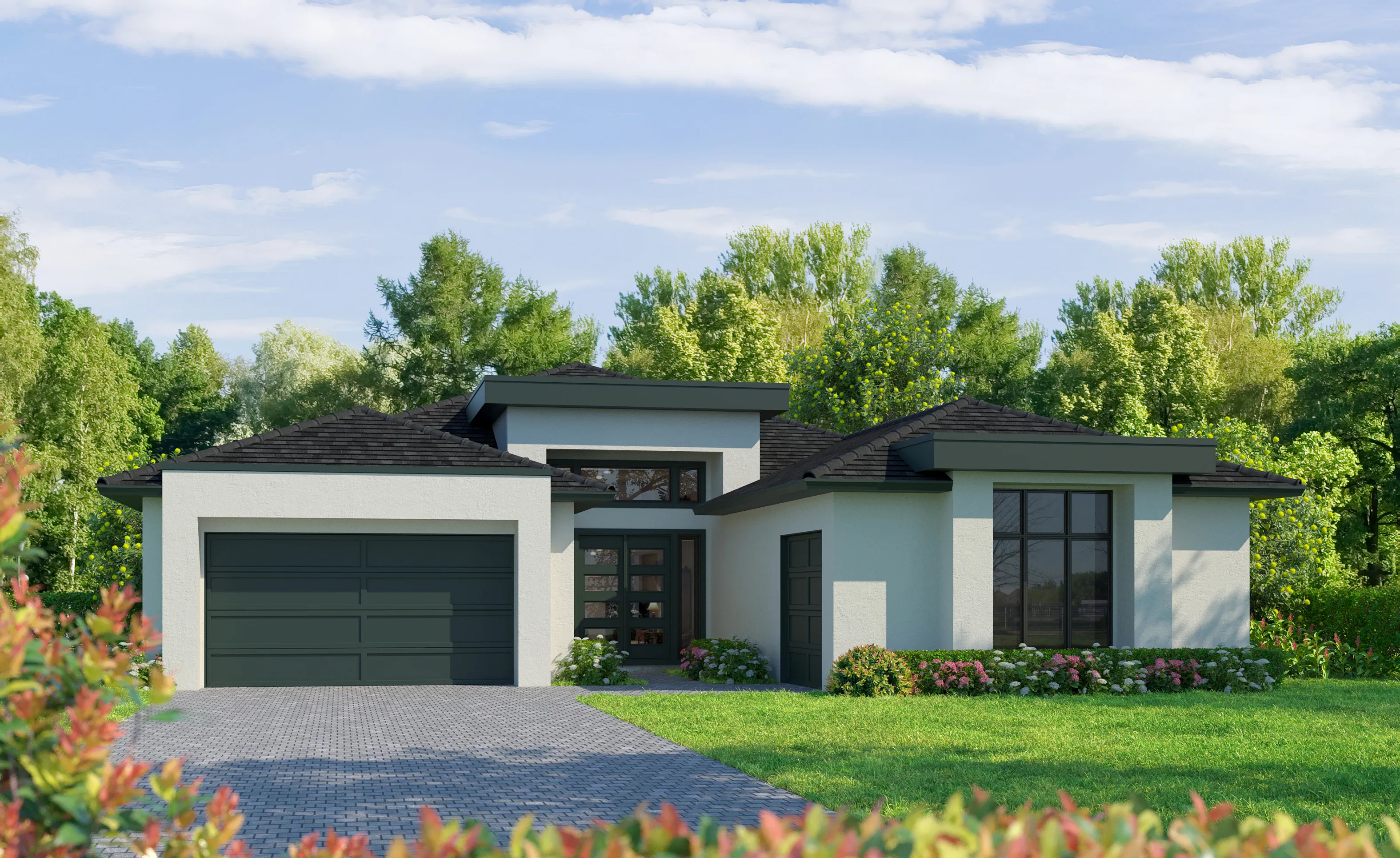 Modern St. Croix home elevation with white stucco walls, dark roof tiles, and dark grey garage doors.