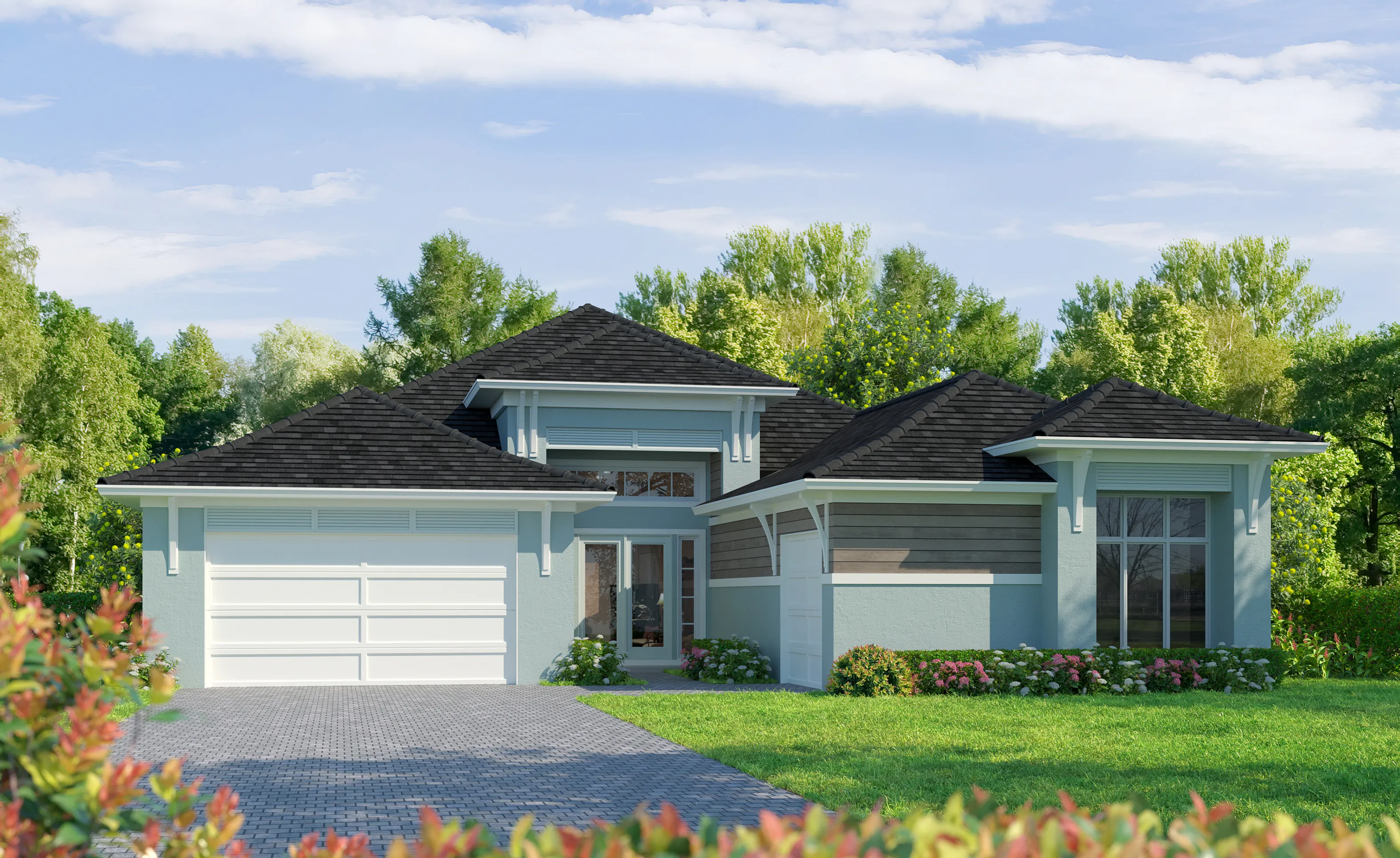 St. Croix West Indies Transitional exterior with a dark roof, pale blue siding, wood accents, and a paver driveway.