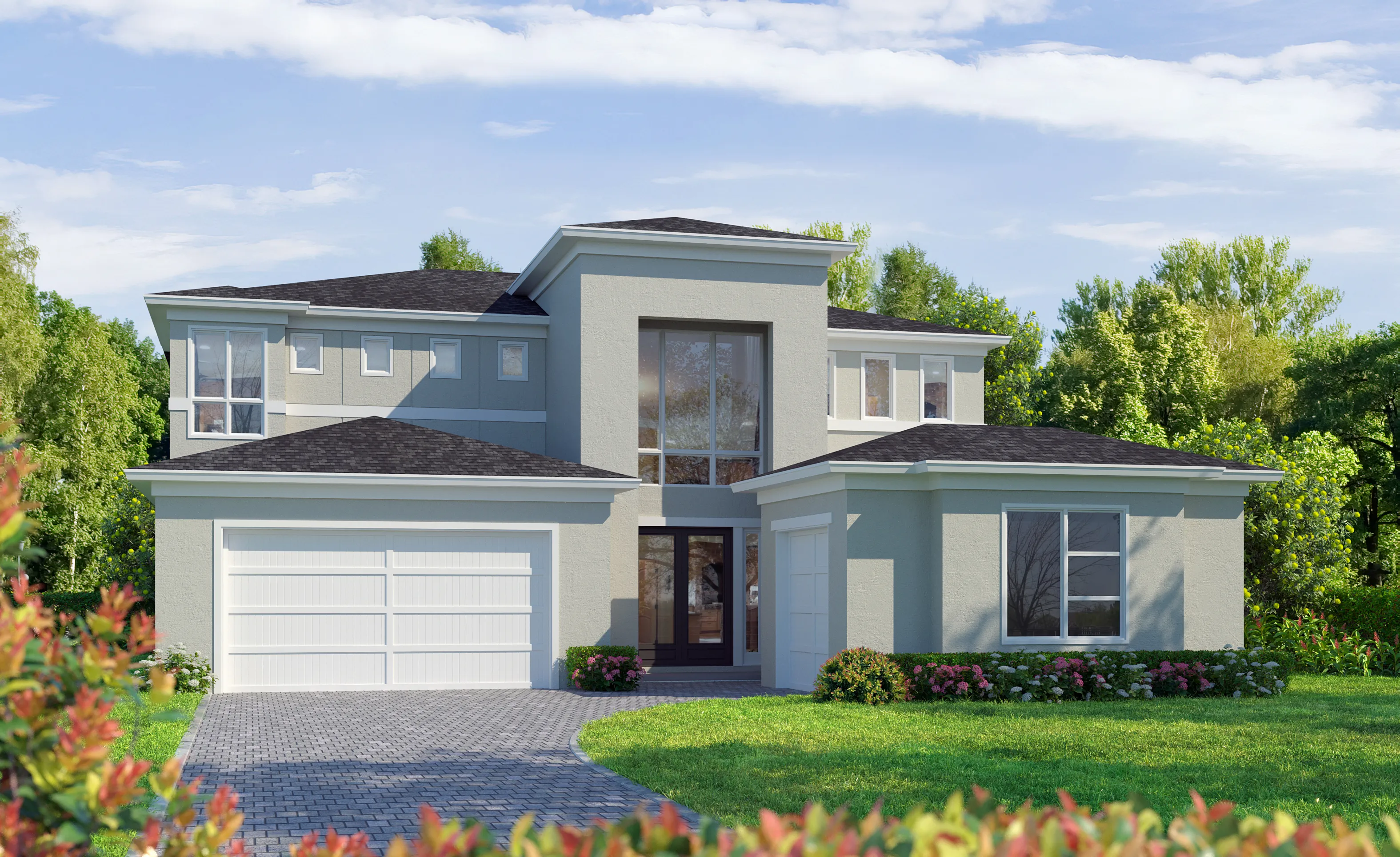 Brooklyn home design with a two-story contemporary stucco exterior, dual garages, and large central vertical windows.
