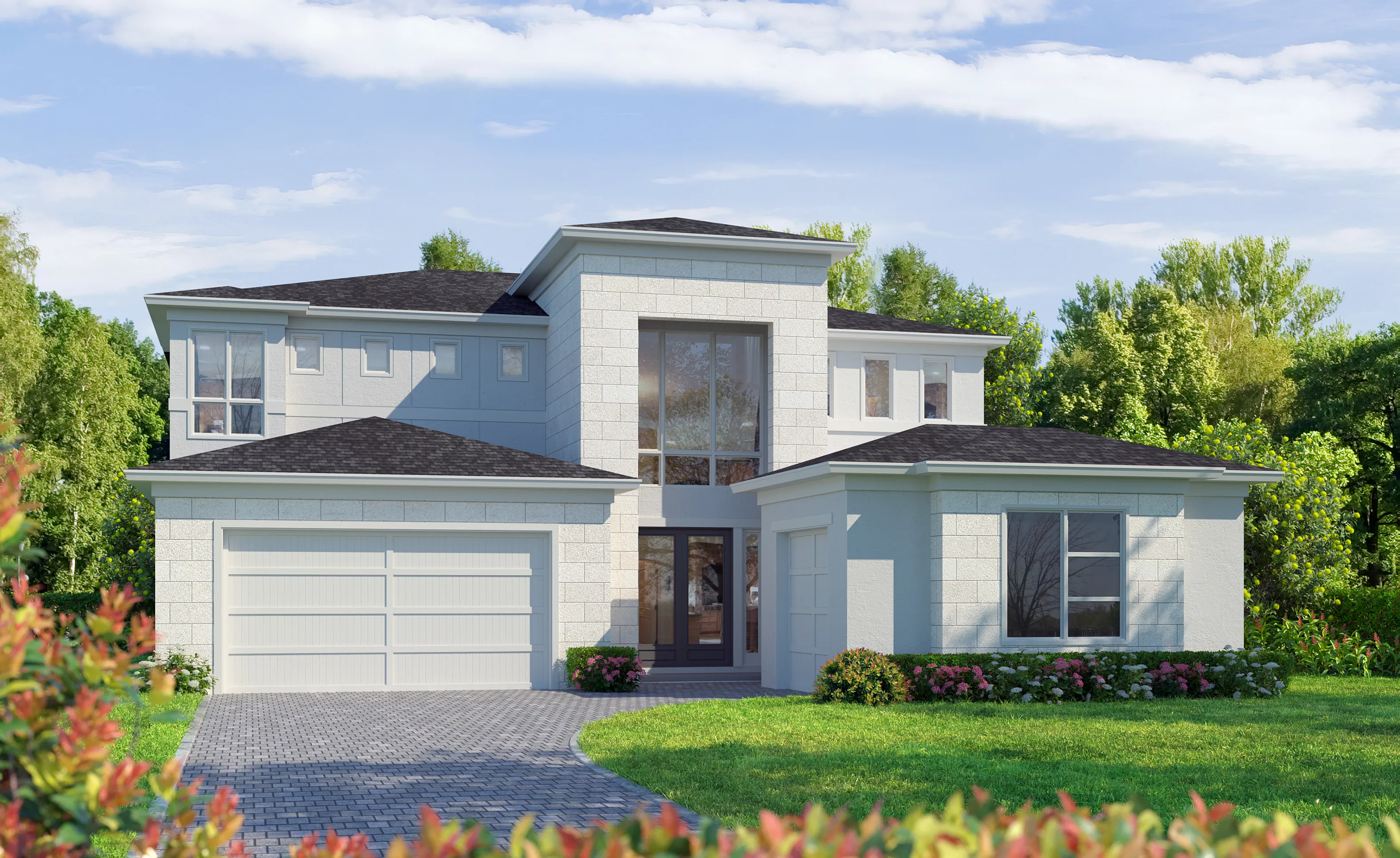 Brooklyn home design exterior with a contemporary tile facade, dark shingle roof, double garage, and large entryway windows.