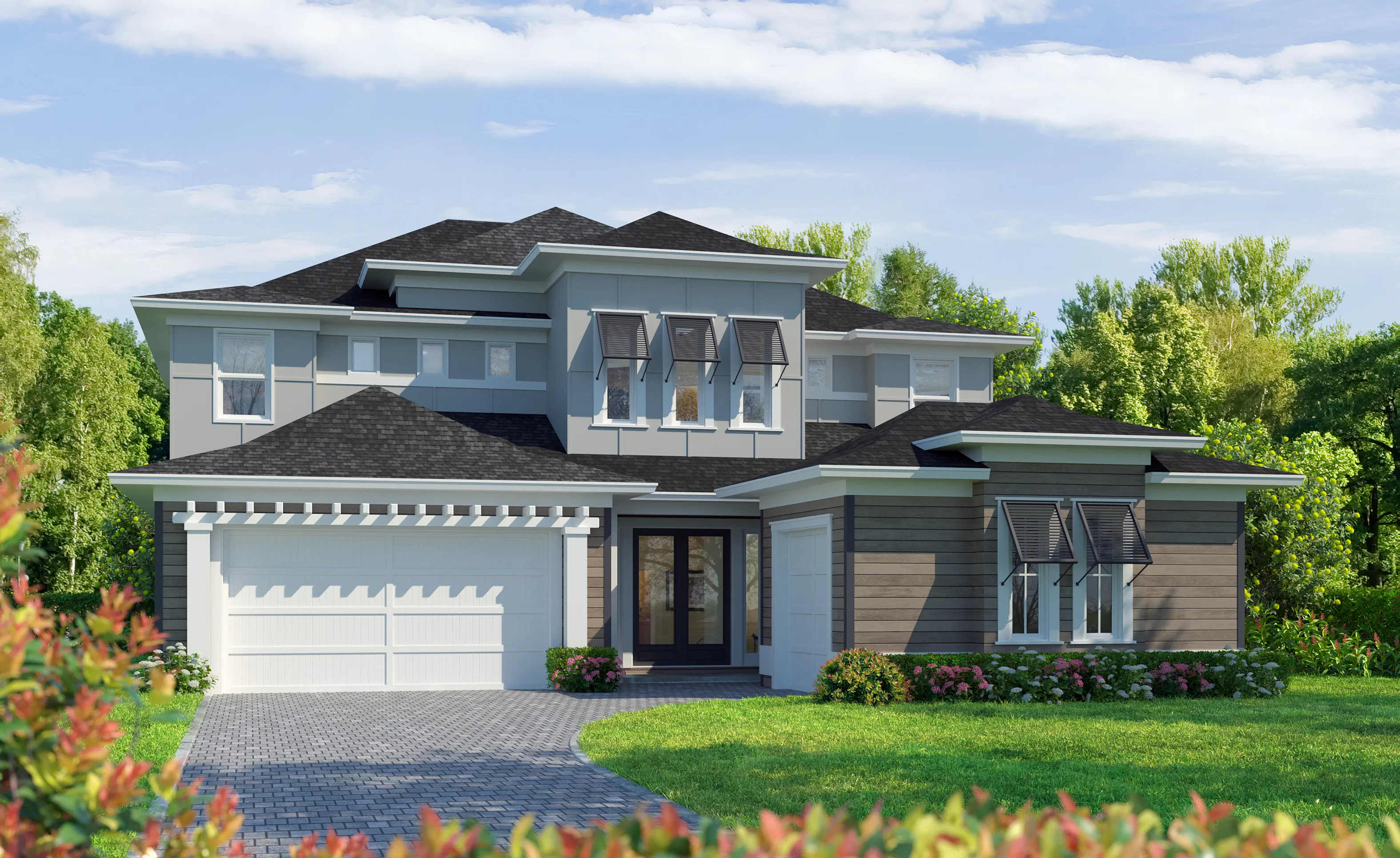 West Indies Transitional Brooklyn home exterior with dark shingle roof, gray siding, pergola over garage, and paver driveway.