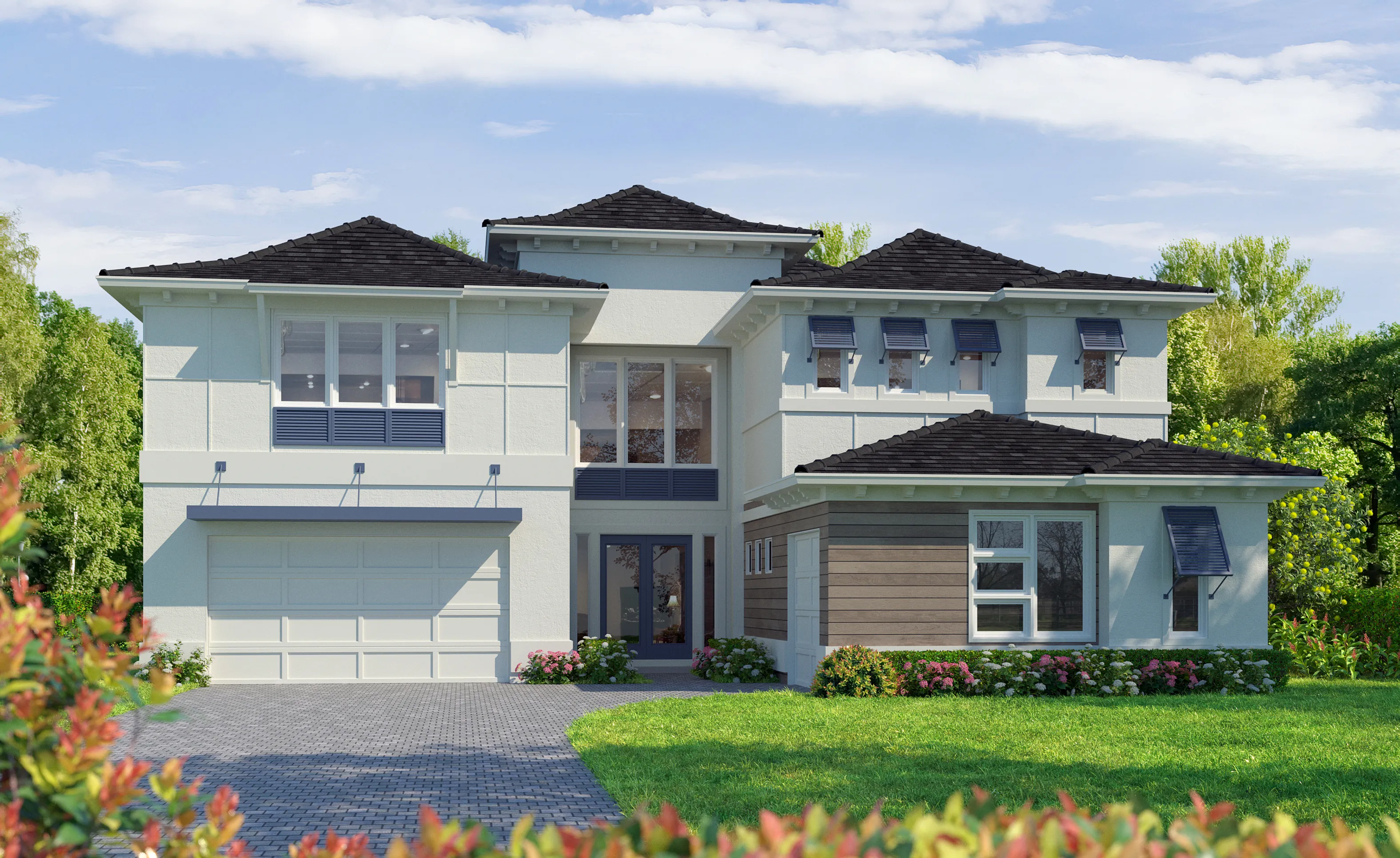 St. Kitts home exterior in West Indies Transitional style with white stucco, wood-toned siding, dark roof, and blue shutters.