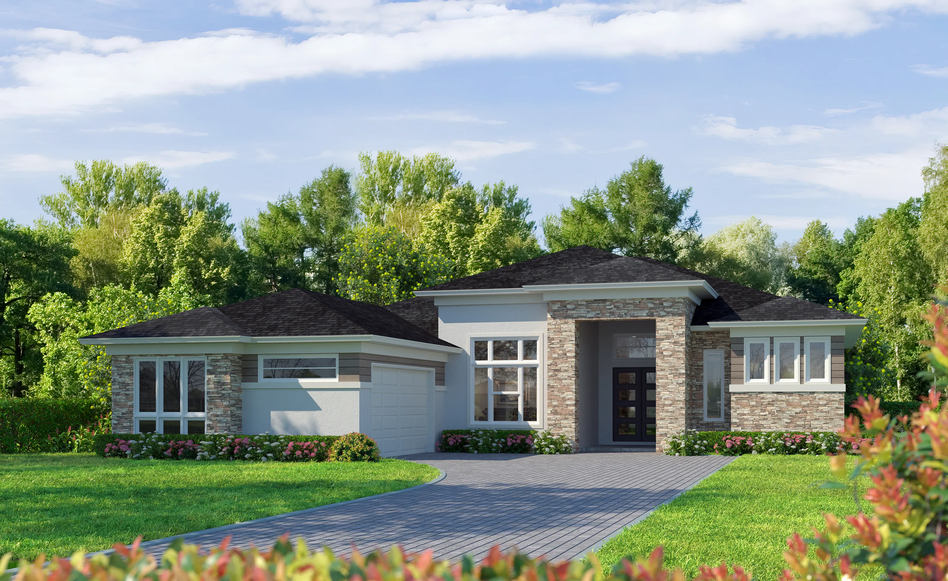 Contemporary Stone exterior of the Ava home design featuring light stucco, stone veneer accents, and a paved driveway.