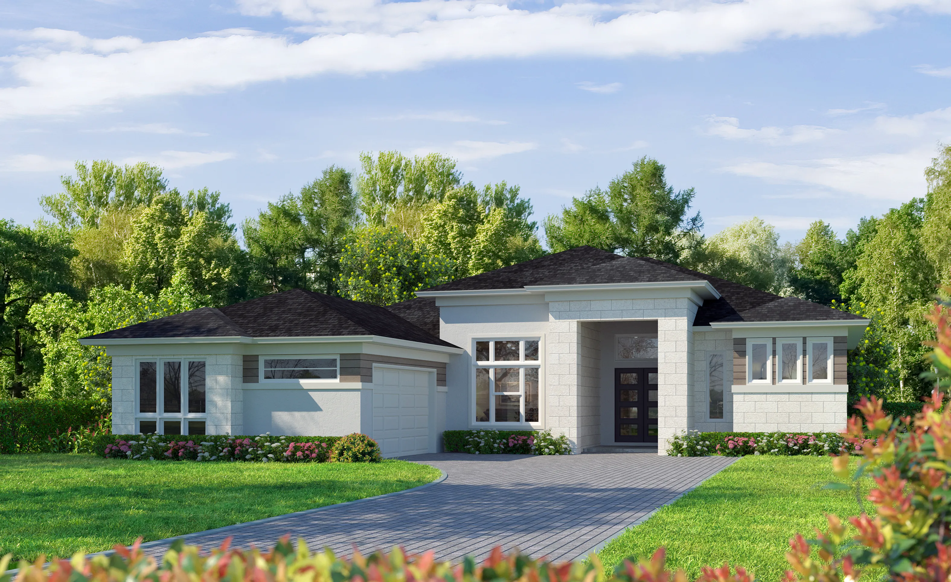 Exterior of the Ava home design featuring light stone accents, a dark shingled hip roof, and a paved driveway.