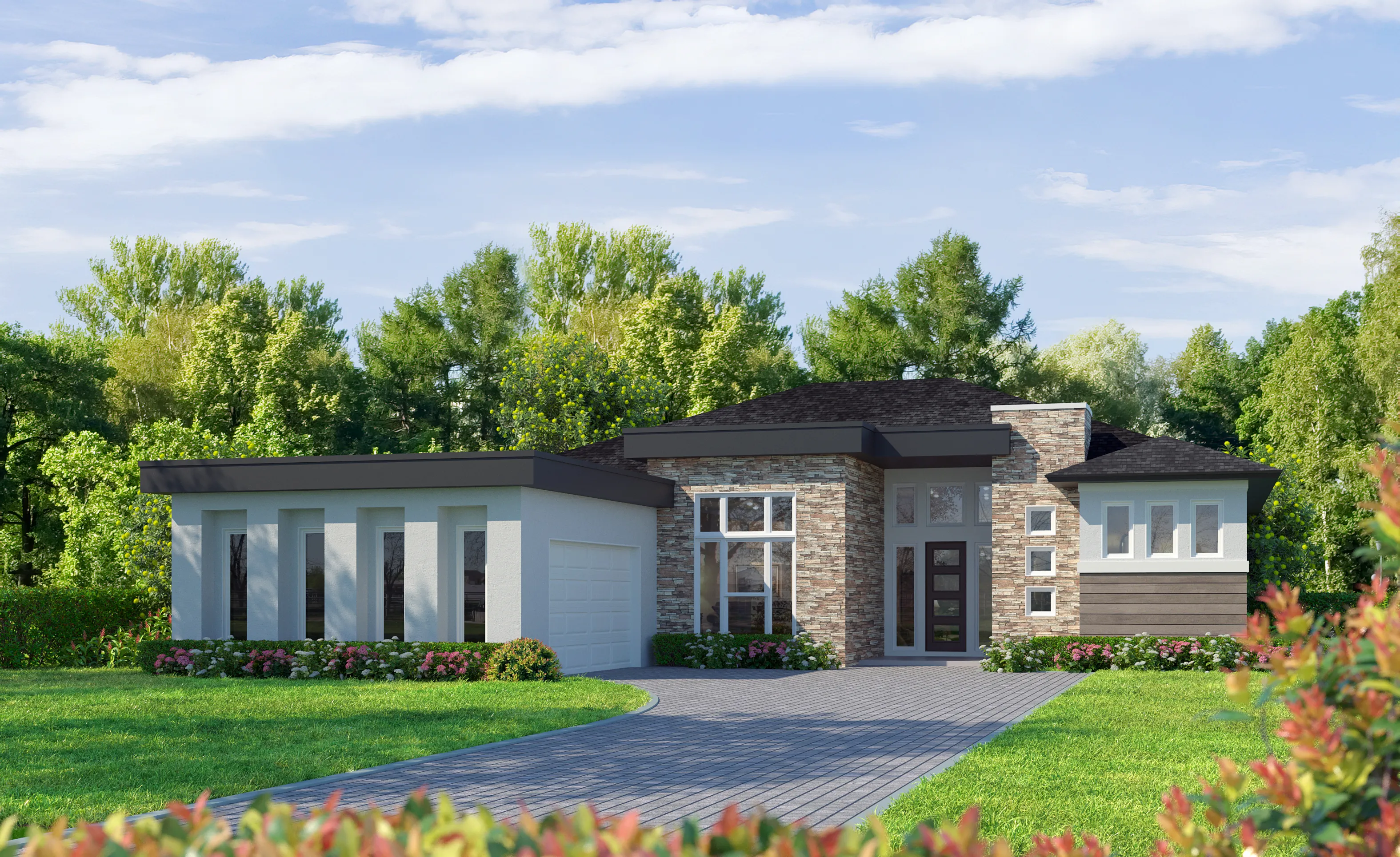 Modern II exterior of the Ava home design featuring stone accents, dark flat roof lines, and a paved driveway.