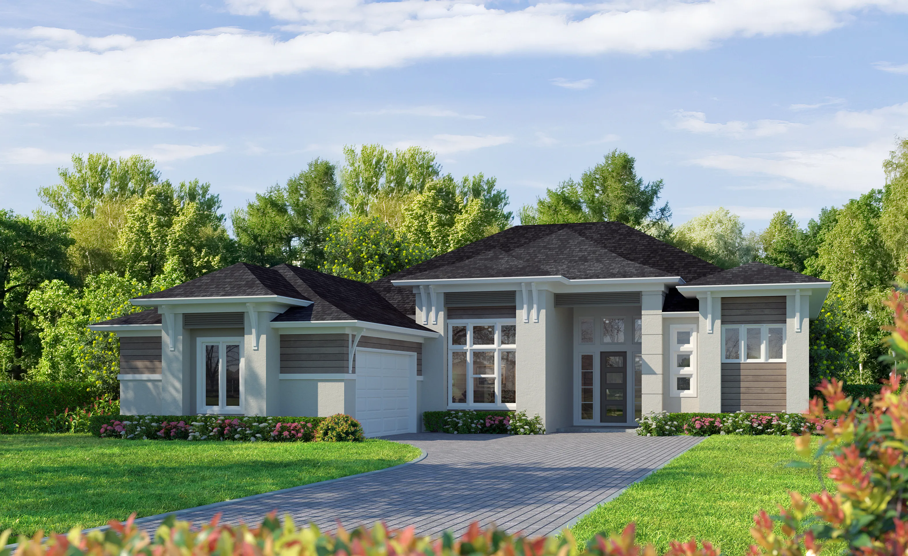 West Indies Transitional exterior of the Ava home, featuring a gray stucco and wood-paneled facade with a dark shingled roof.