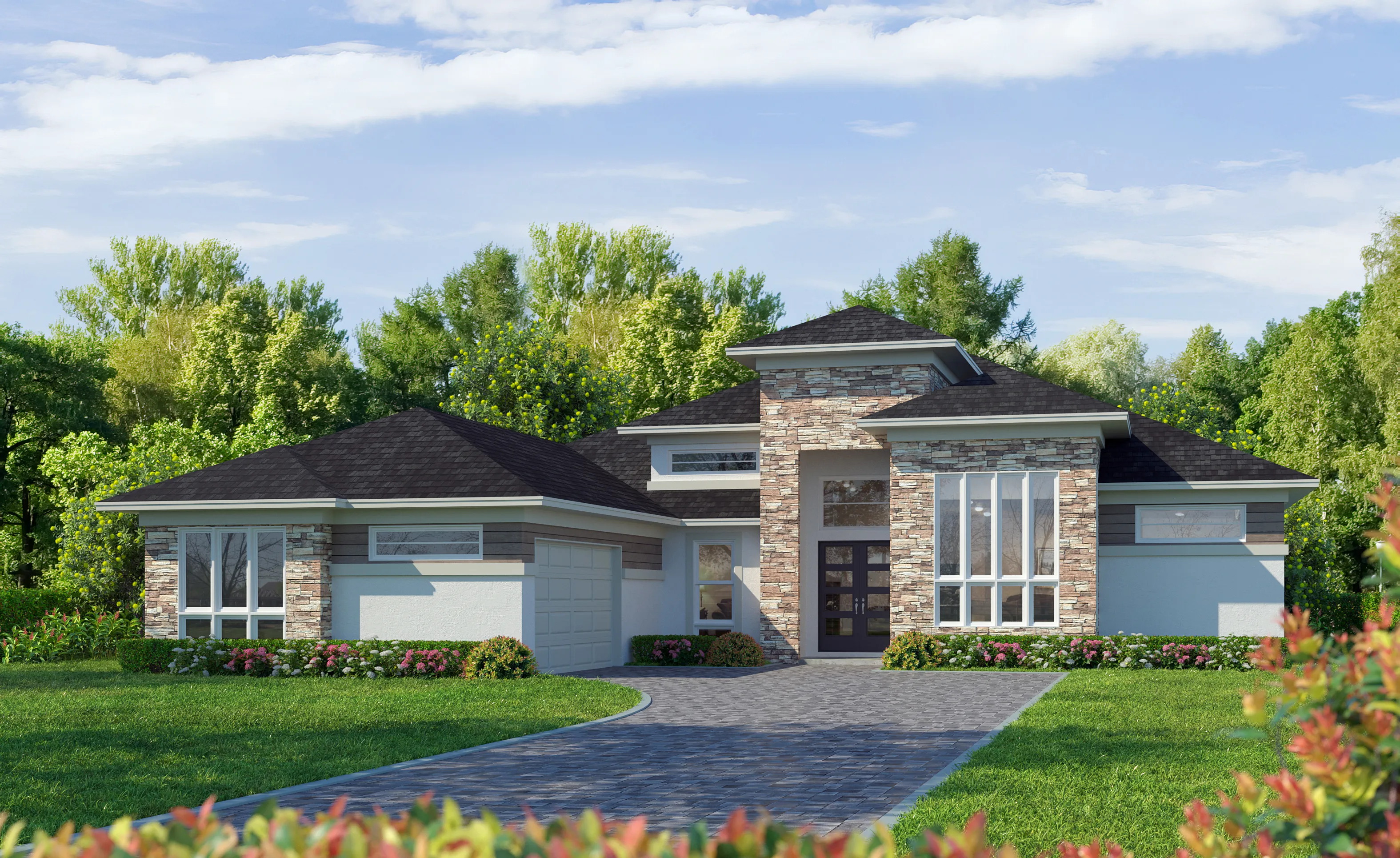 Contemporary Stone exterior of the Egret VIII home, featuring a paved driveway, stone accents, and a dark shingled roof.