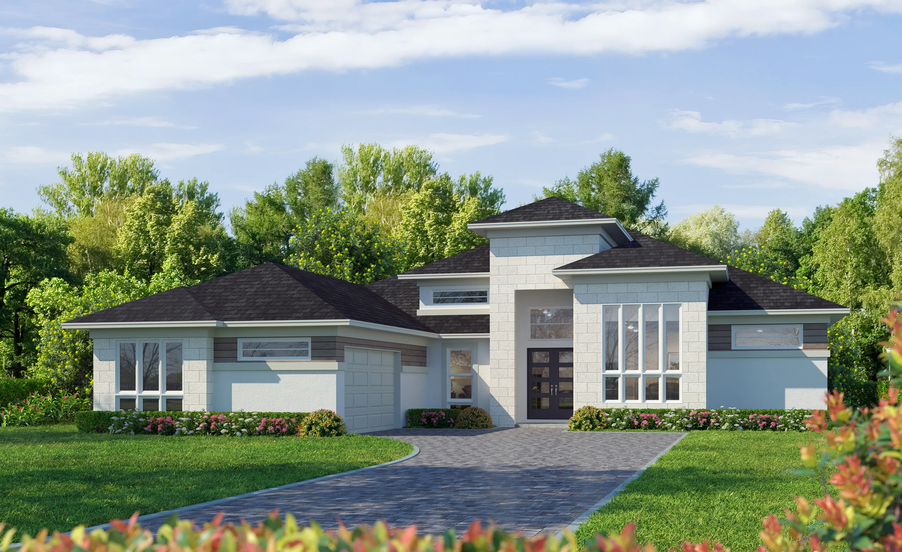 Egret VIII home exterior in Contemporary Tile style featuring white block accents, a dark shingle roof, and a paved driveway.