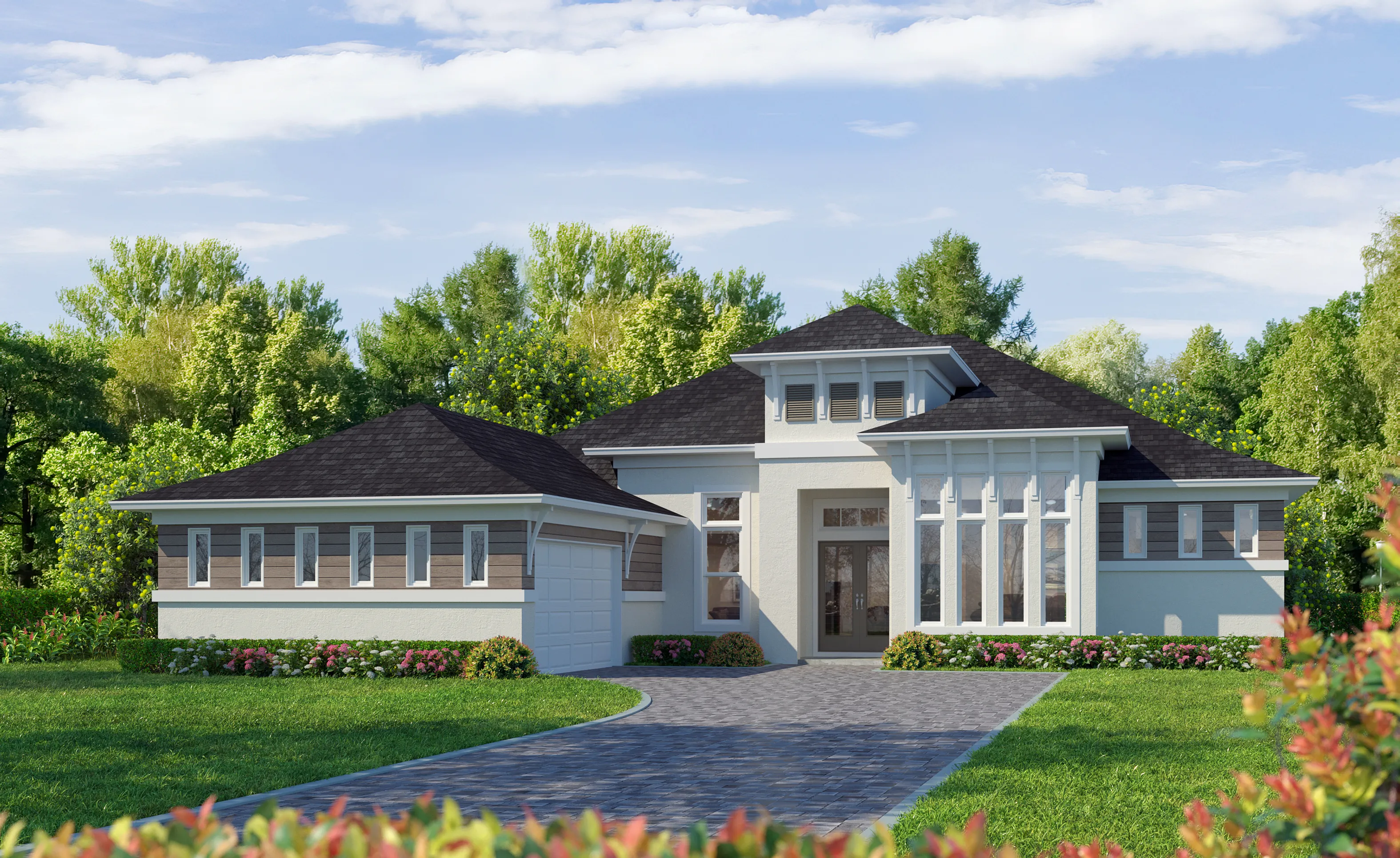 Egret VIII home exterior in West Indies Transitional style with a dark shingle roof, white stucco, and wood-toned siding.