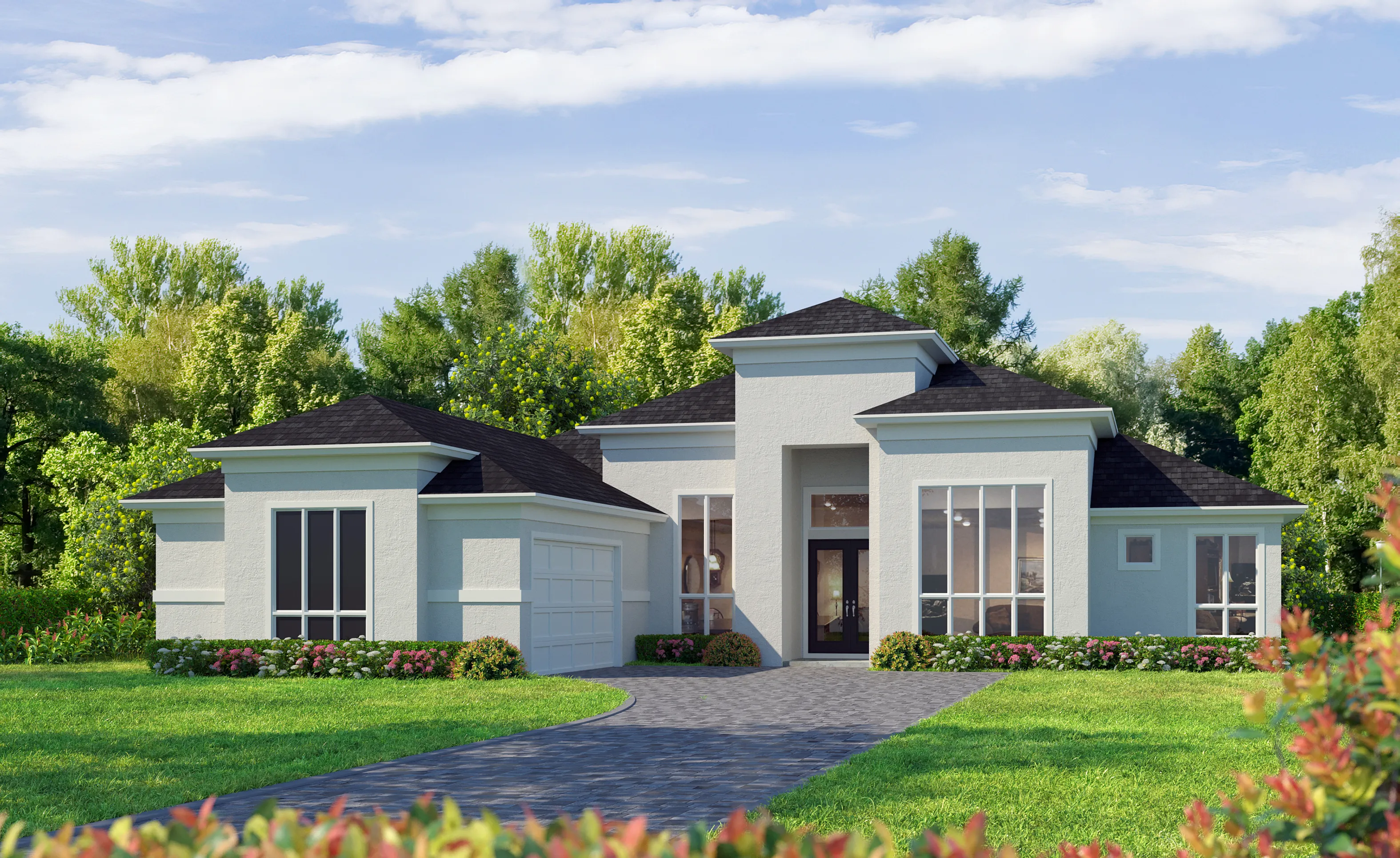 Egret V home exterior with Contemporary Stucco, dark shingle roof, stone driveway, and large windows surrounded by greenery.