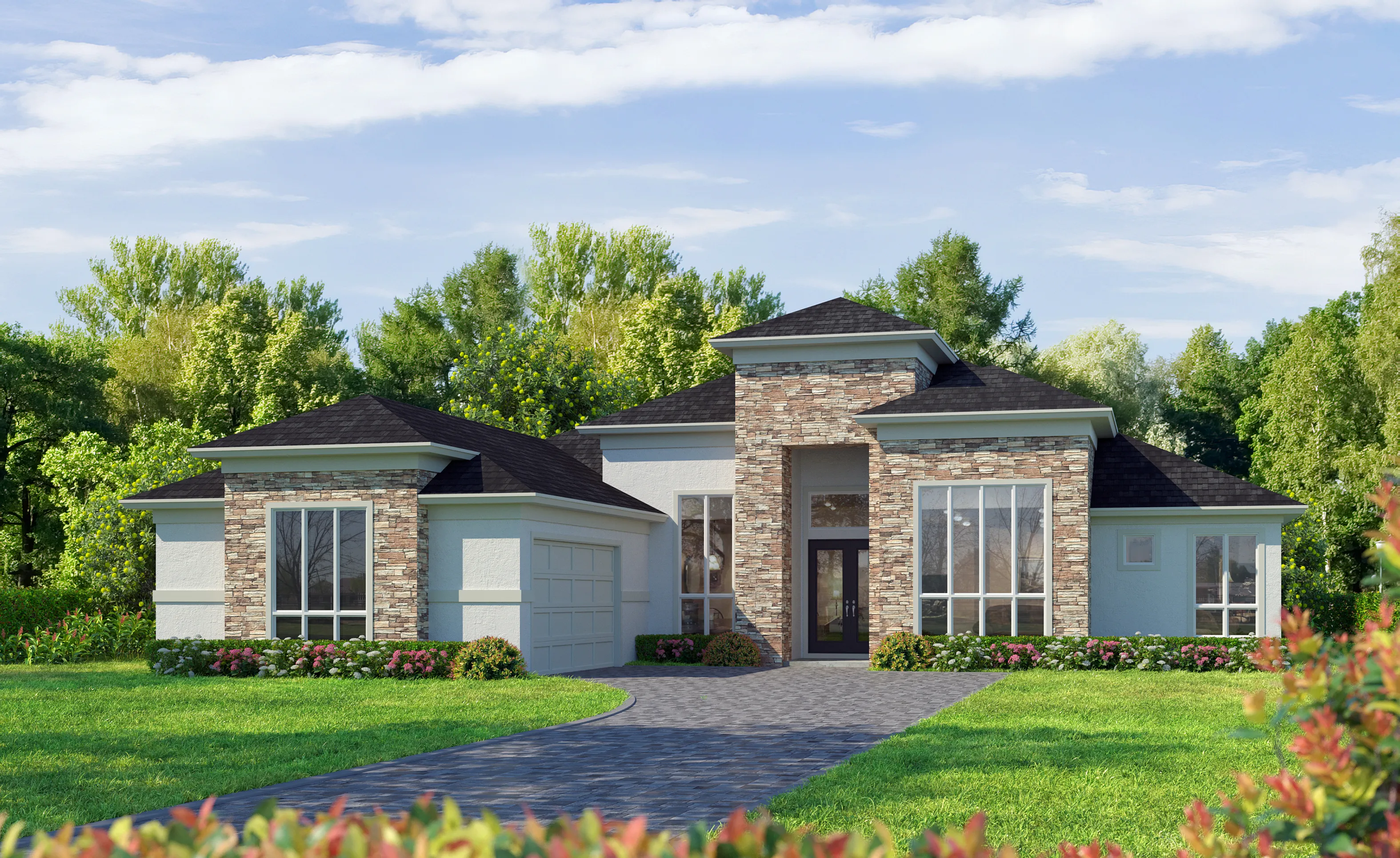 Egret V home exterior with stone accents, a dark roof, a front entry with large windows, and a paved driveway.