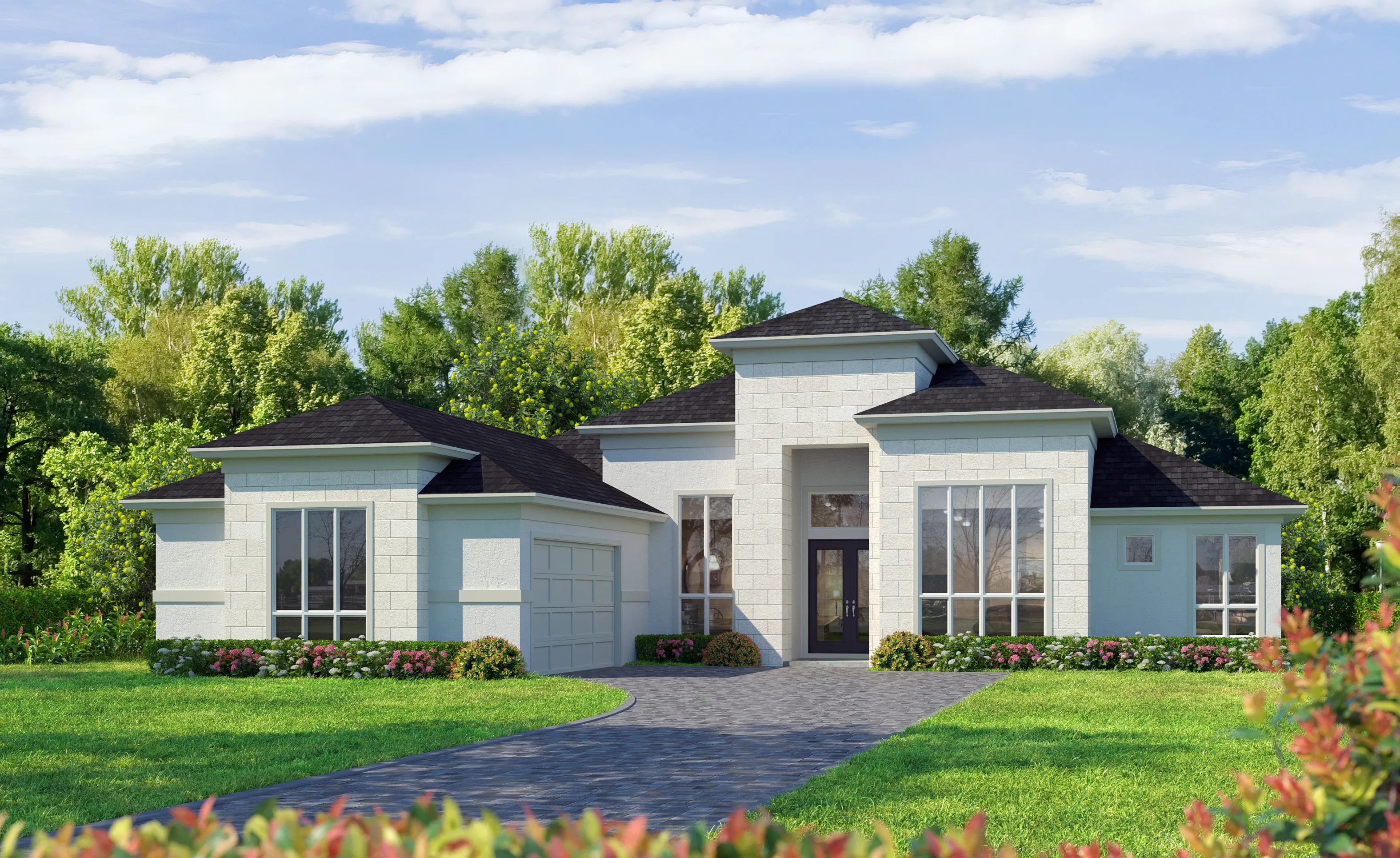 Egret V home exterior with Contemporary Tile facade, dark shingle roof, stone-textured siding, and a paved driveway.