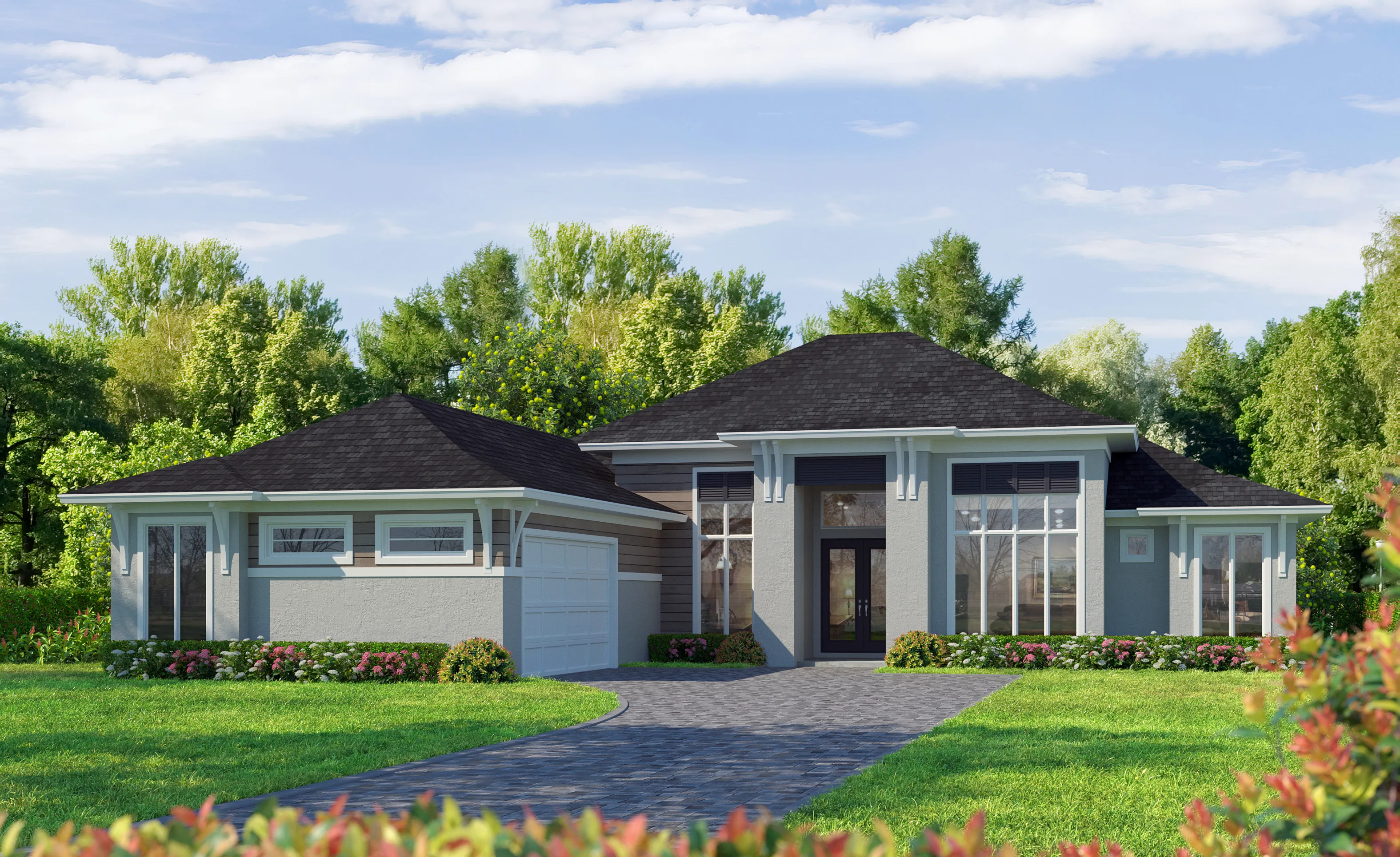 West Indies Transitional exterior of the Egret V home with a gray stucco facade, dark hip roof, and a paved driveway.