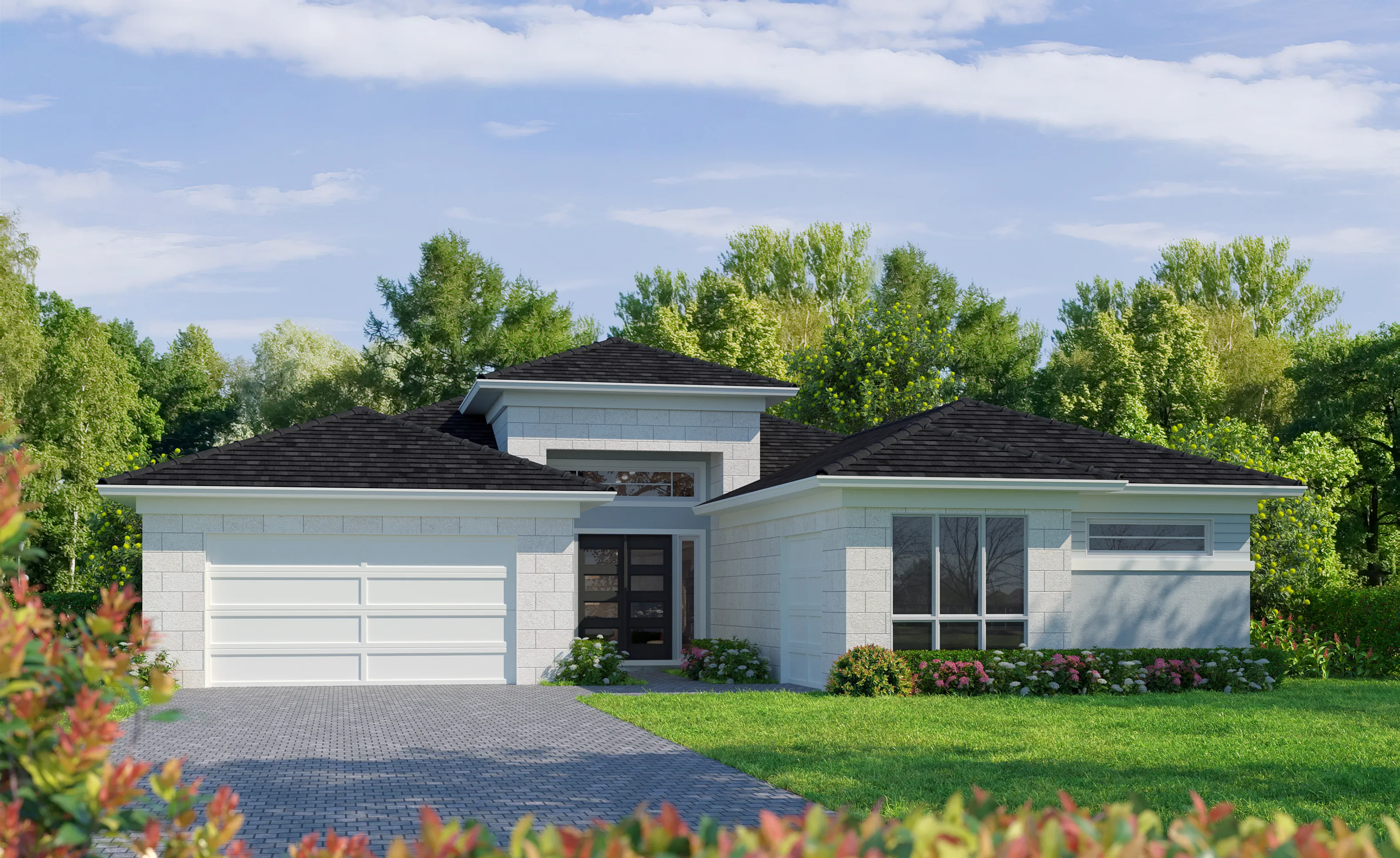 St. Croix home elevation with light stone siding, black roof tiles, a white two-car garage, and a modern glass-paneled door.