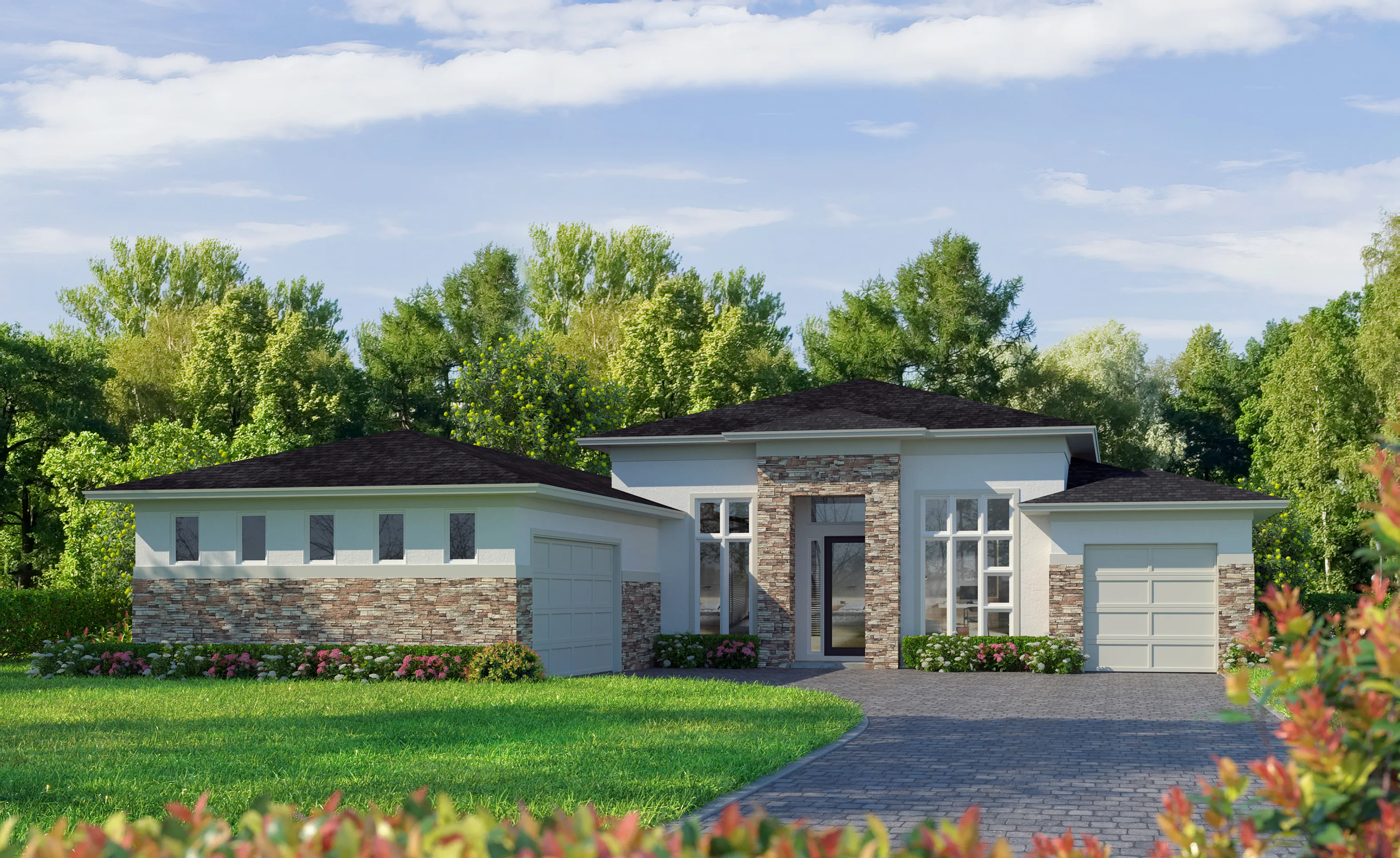 Contemporary Stone exterior of the Kelli home with light stucco, stone accents, two-car garages, and a paved driveway.