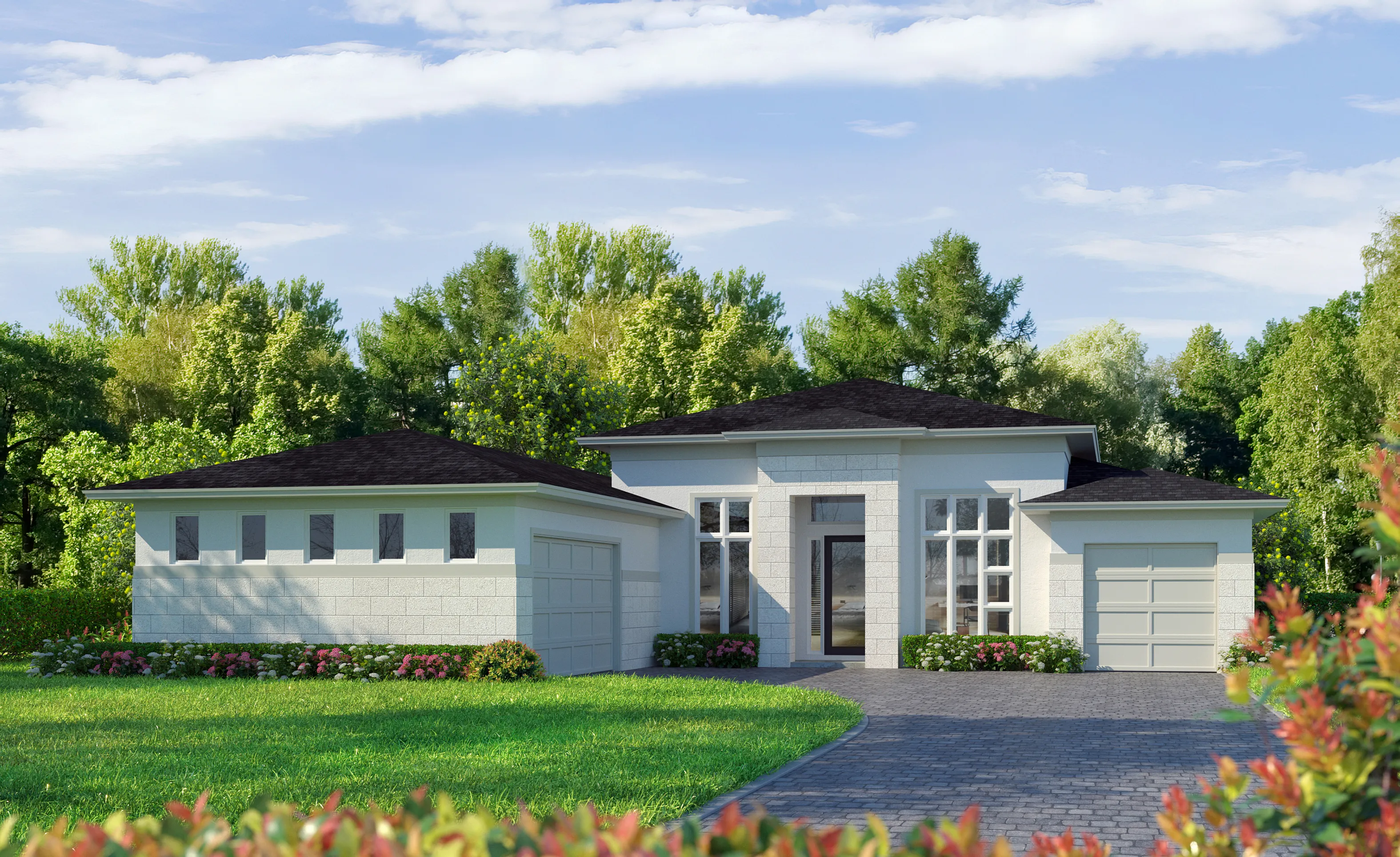 Exterior of the Kelli home design featuring a white Contemporary Tile facade, dark roof, and two-car garage.