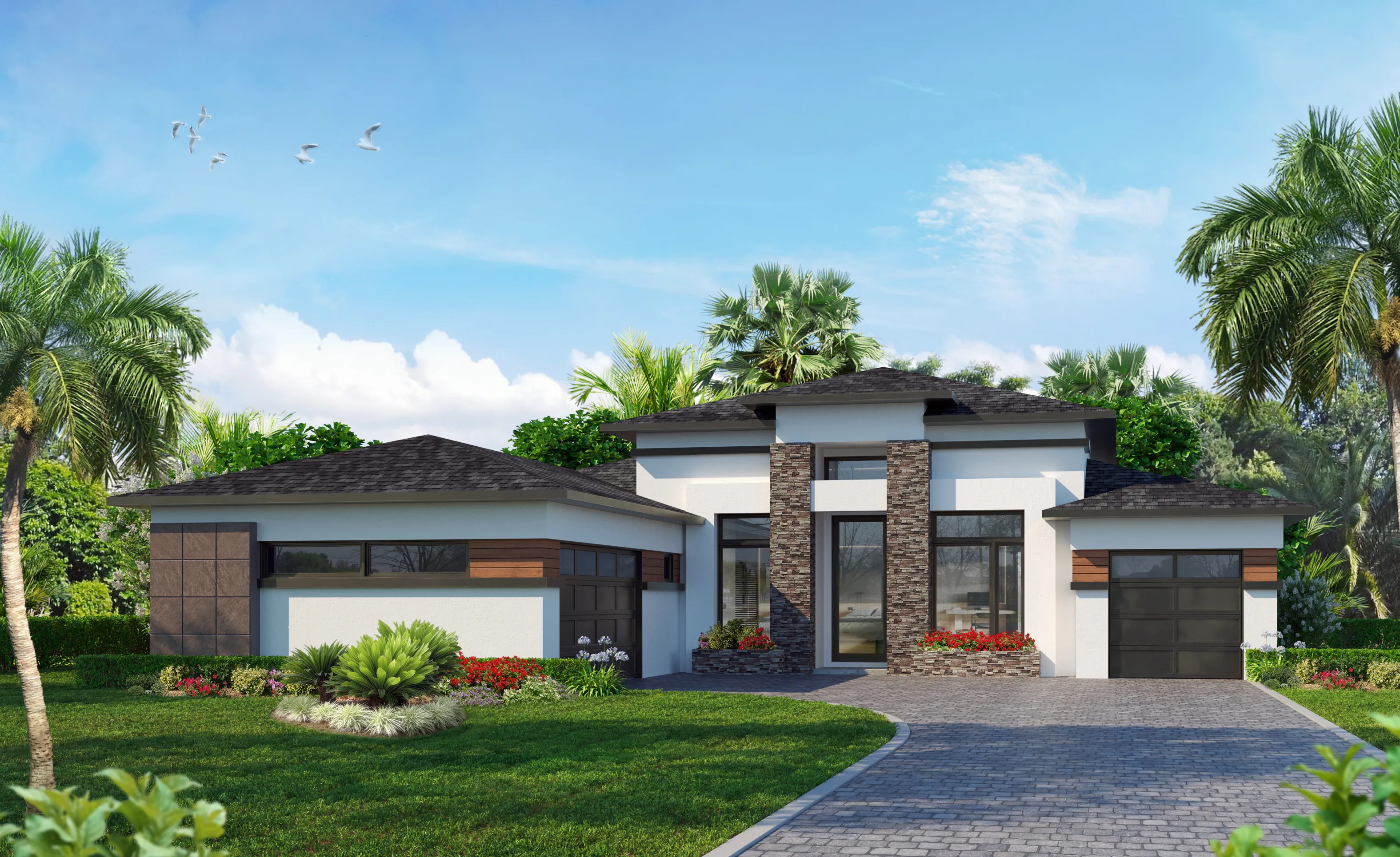 Modern II exterior elevation of the Kelli home with white stucco, stone accents, dark garage doors, and tropical landscaping.