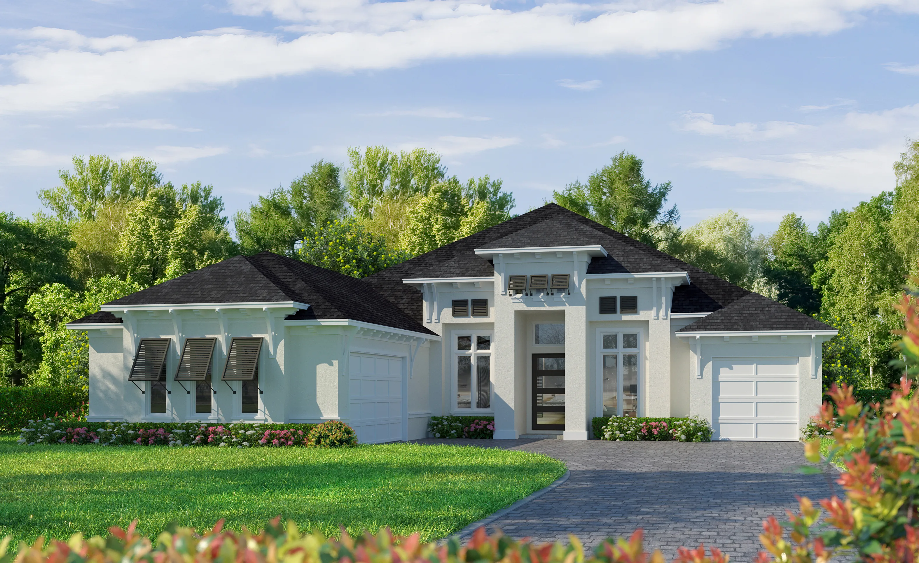 West Indies Transitional exterior of the Kelli home with white stucco, dark roof, shutters, and two separate garages.