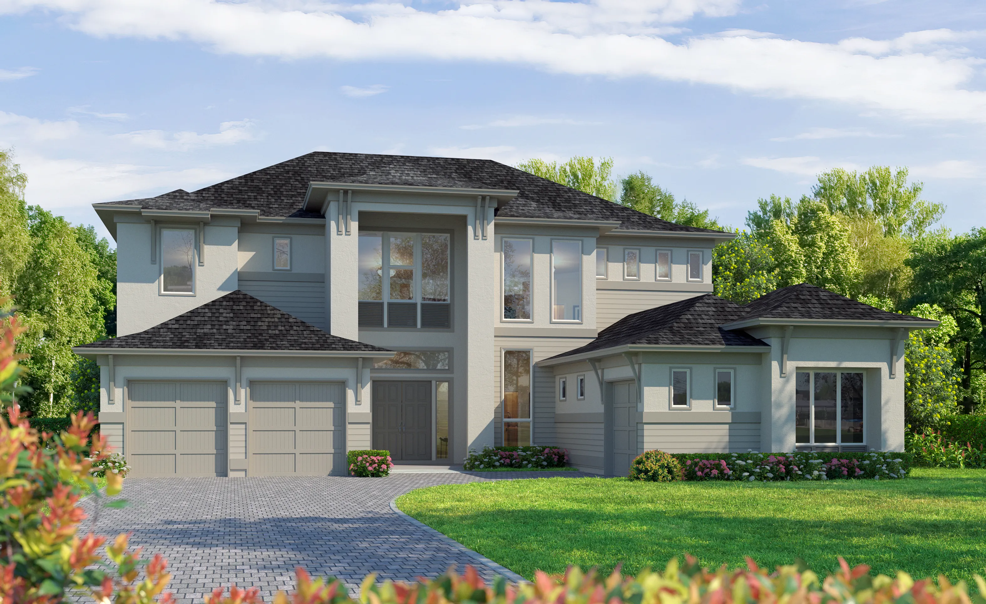 West Indies Transitional St. Thomas home exterior with gray siding, dark roof, multi-car garage, and landscaped lawn.