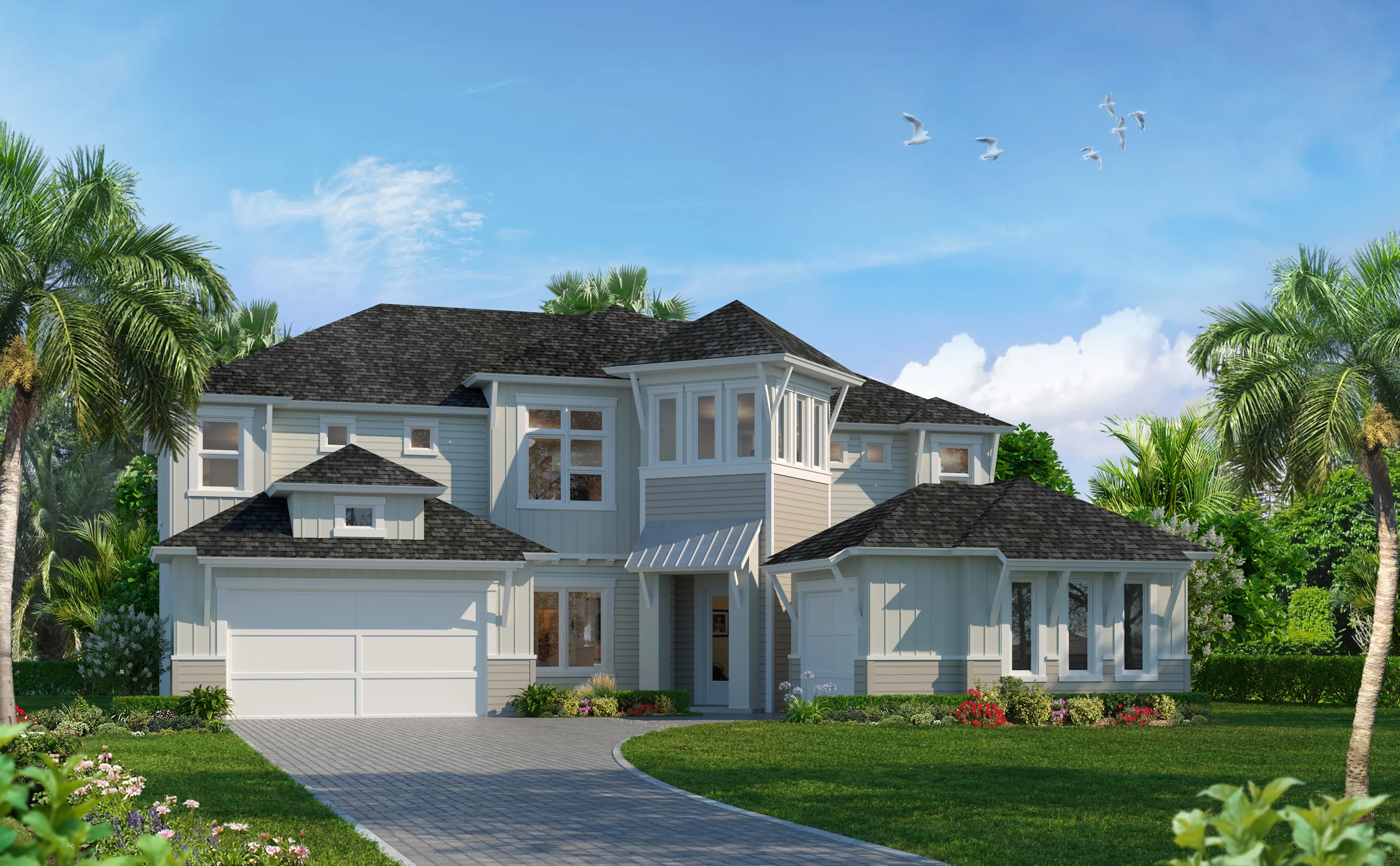 Coastal Transitional Brooke home design exterior with light siding, dark shingled roof, a front porch, and palm trees.
