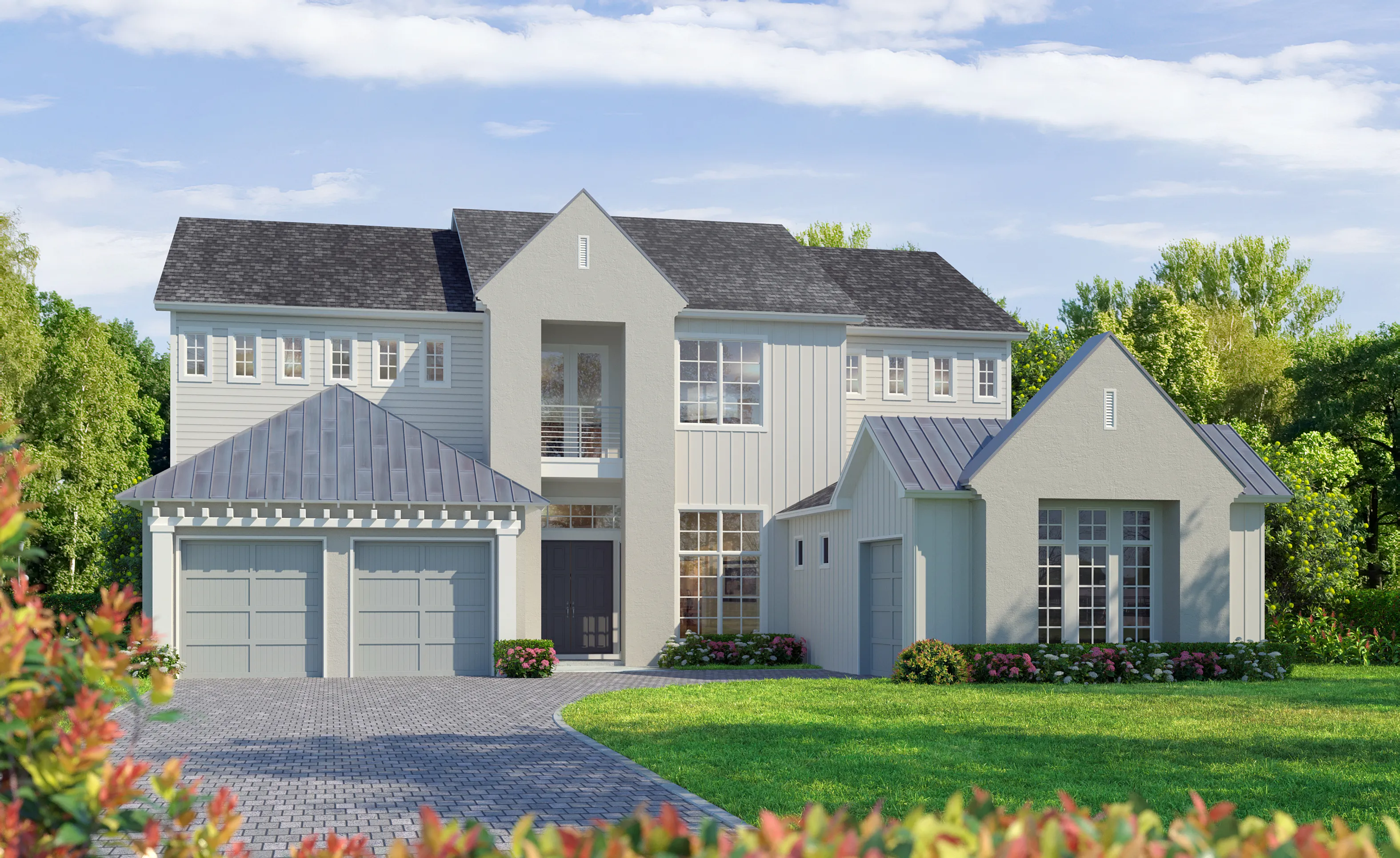 St. Thomas Coastal Transitional home exterior with light grey siding, metal roof accents, and a three-car garage.