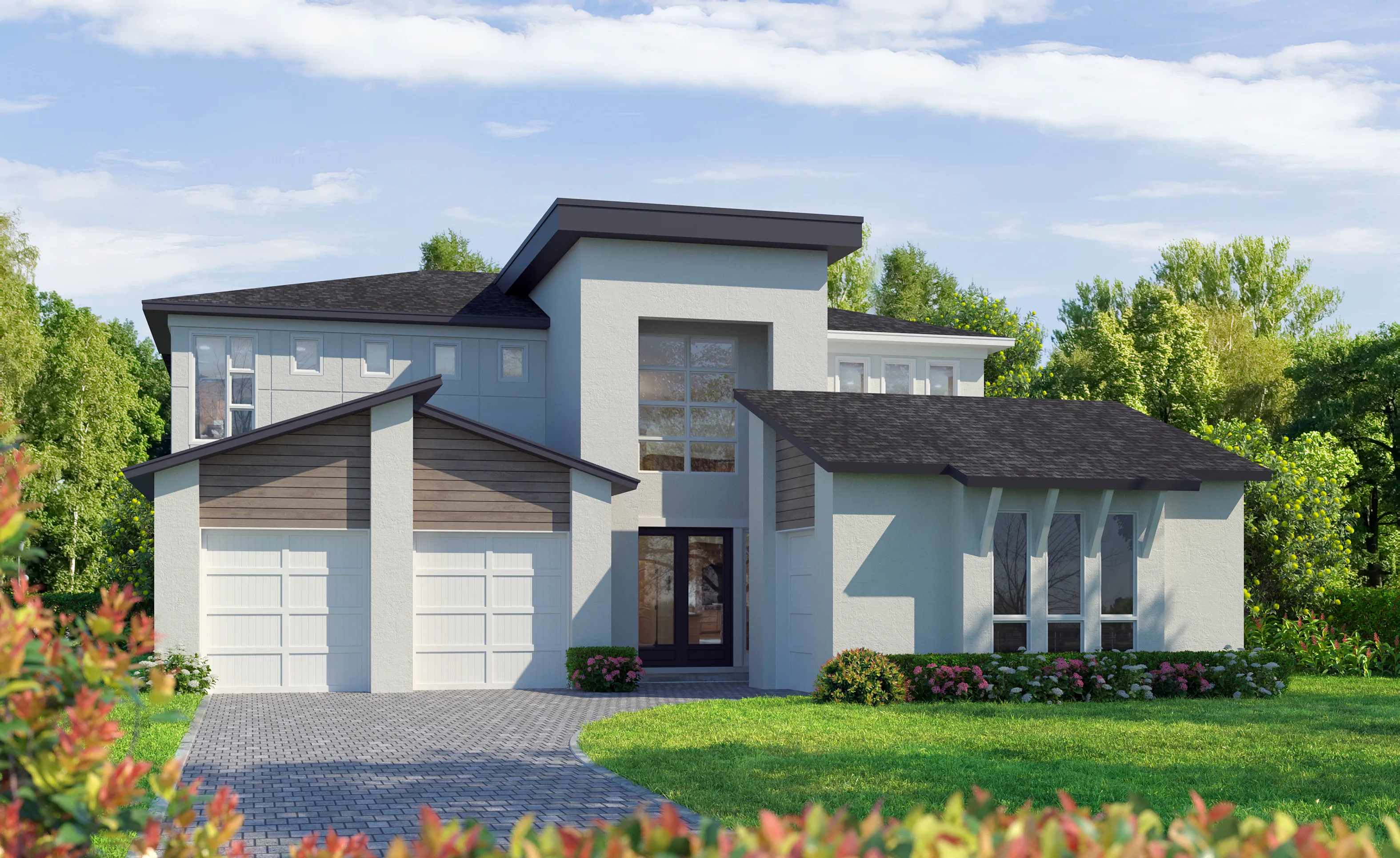 Modern exterior elevation of the Brooklyn home design featuring a light gray stucco finish, dark roof, and wood accents.