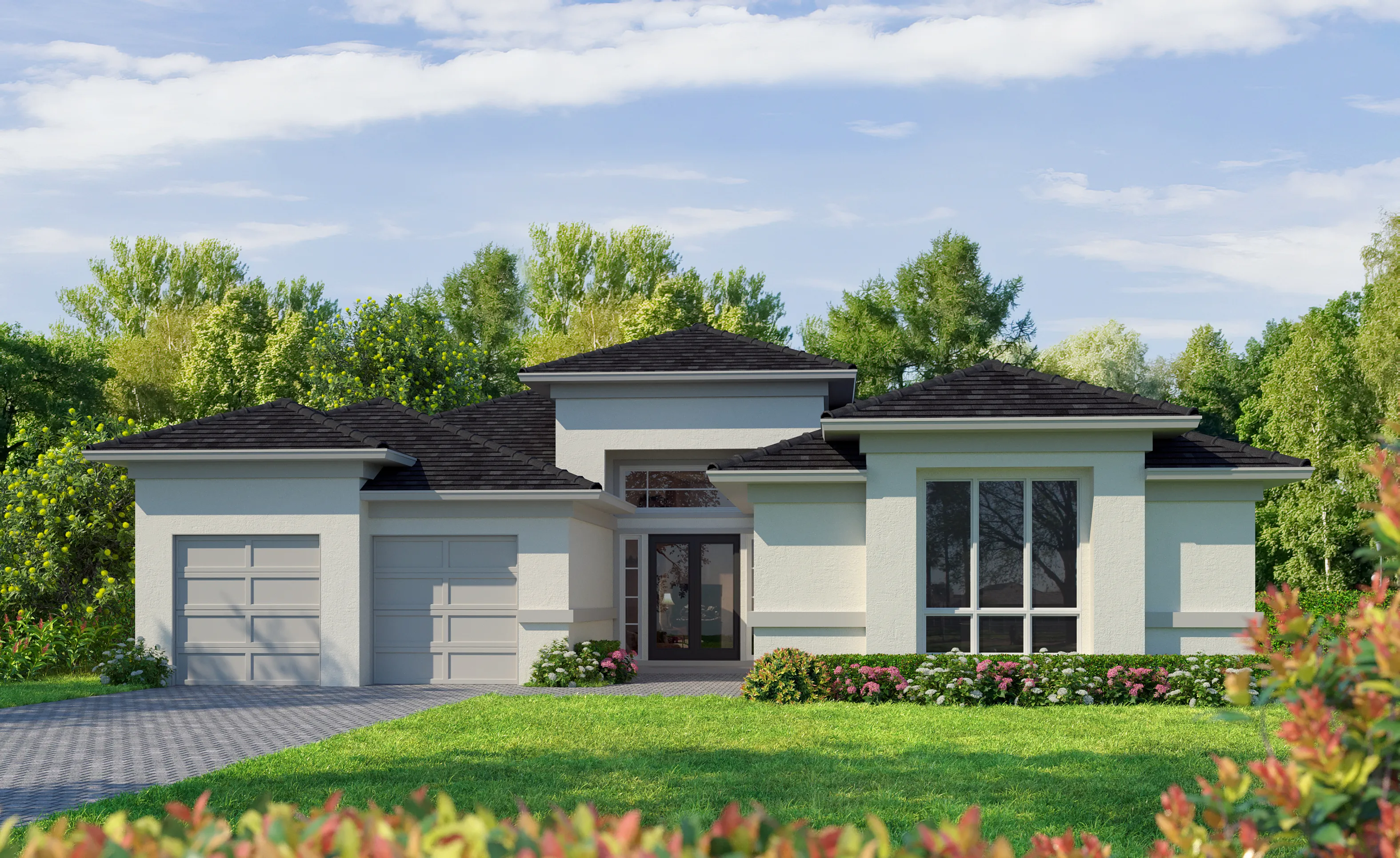 Exterior view of the St. Lucia home featuring contemporary stucco, a dark tiled roof, and a two-car garage.