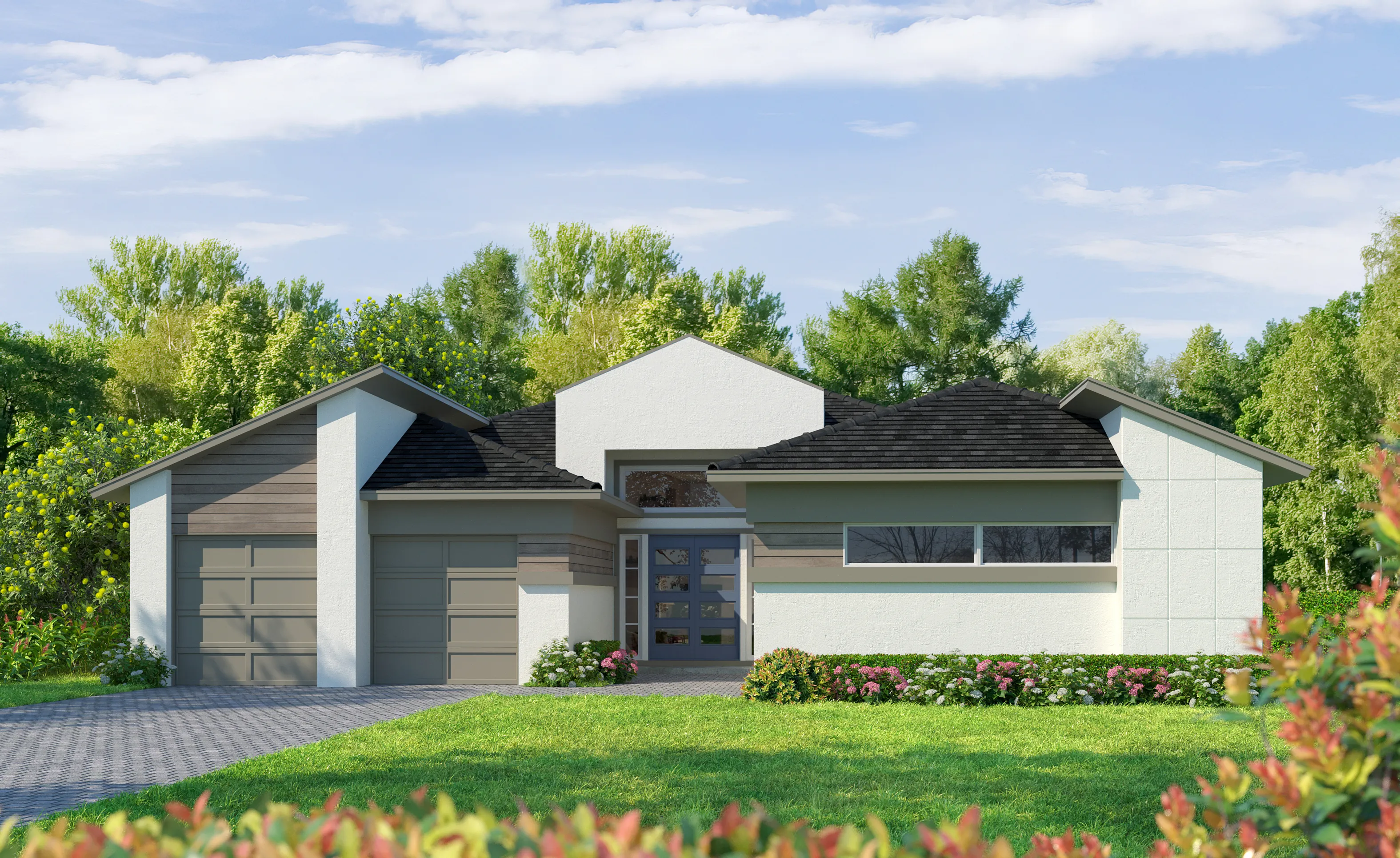 Modern exterior elevation of the St. Lucia home design featuring a white and gray facade, dark shingled roof, and garage.