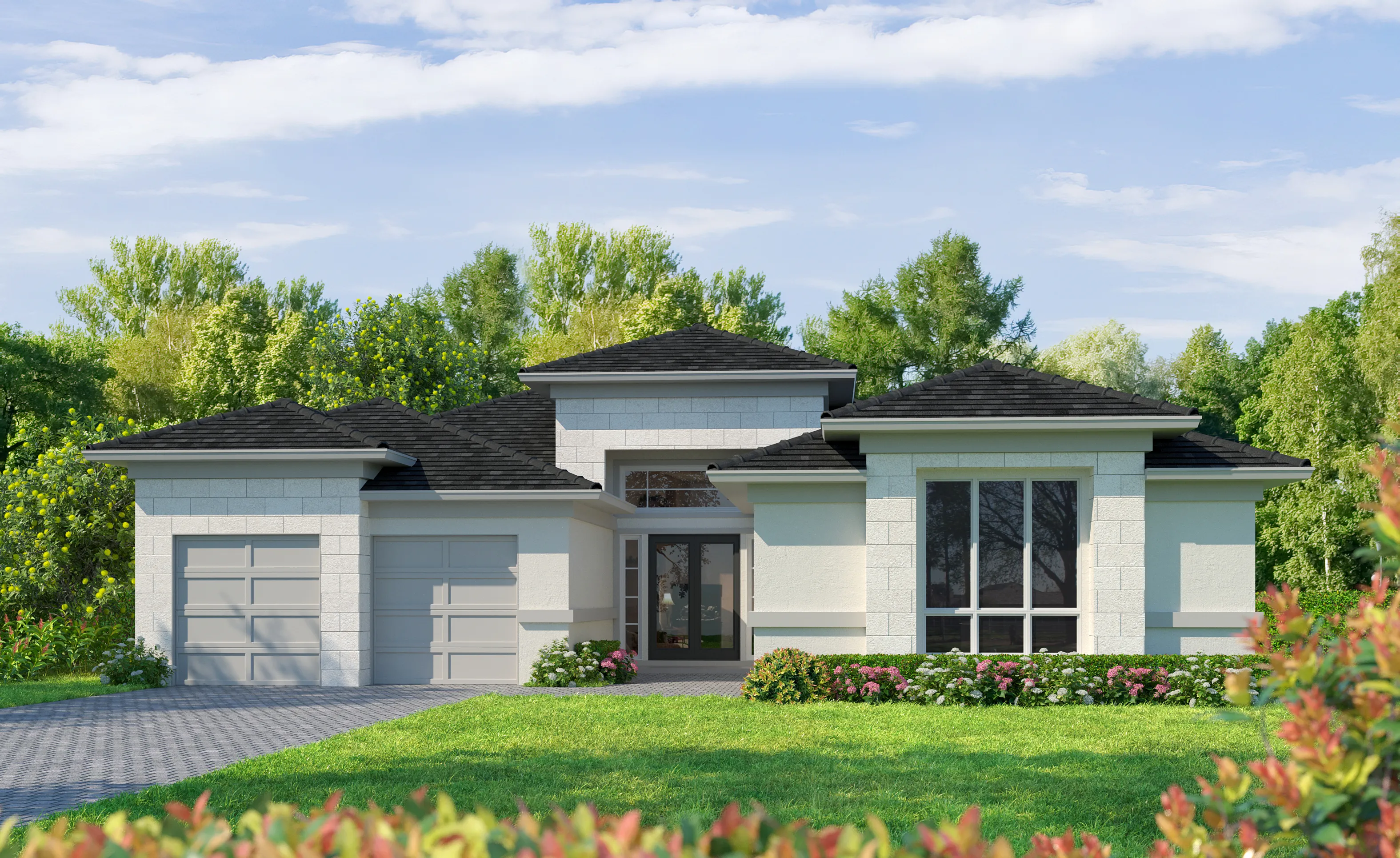 St. Lucia home design exterior with light-colored masonry, dark tile roof, two-car garage, and front entryway landscaping.