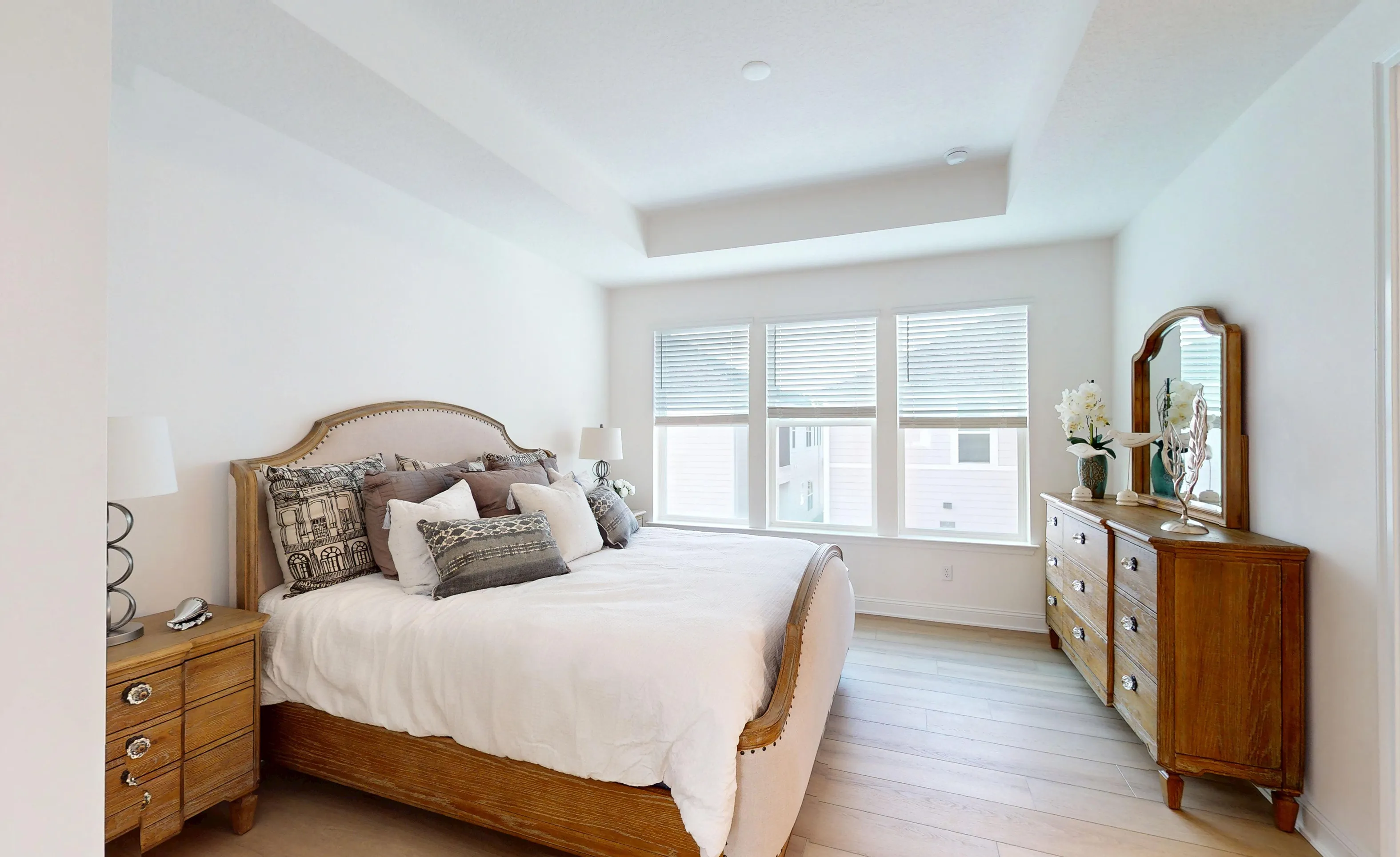 Primary bedroom featuring a tray ceiling, light wood-look flooring, three windows with blinds, and wooden bedroom furniture.